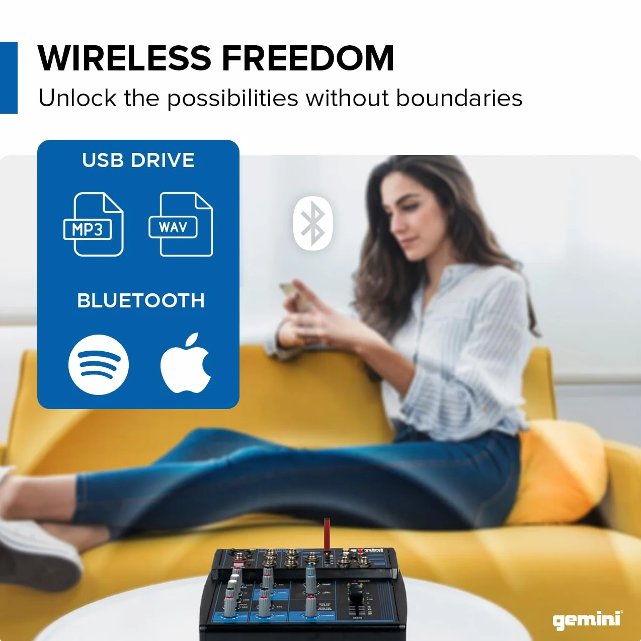 Gemini Sound Gem-05USB – kompaktowy 5-kanałowy mikser analogowy zawierający kanał mikrofonowy o niskim poziomie szumów, 2-pasmowy korektor, odtwarzanie USB z urządzeń USB i strumieniowanie Bluetooth