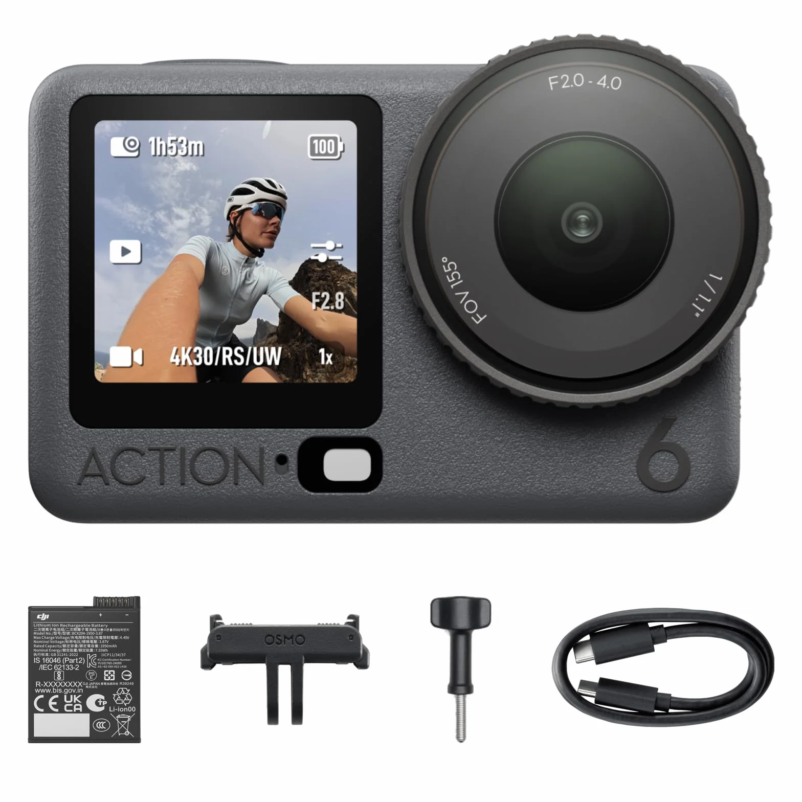 DJI Osmo Action 6 Standard Combo, podwodna kamera sportowa z matrycą kwadratową 1/1,1″ i pamięcią 50 GB, zmienną przysłoną f/2,0–f/4,0, odporna na zimno, 4 godziny pracy na akumulatorze, 8K