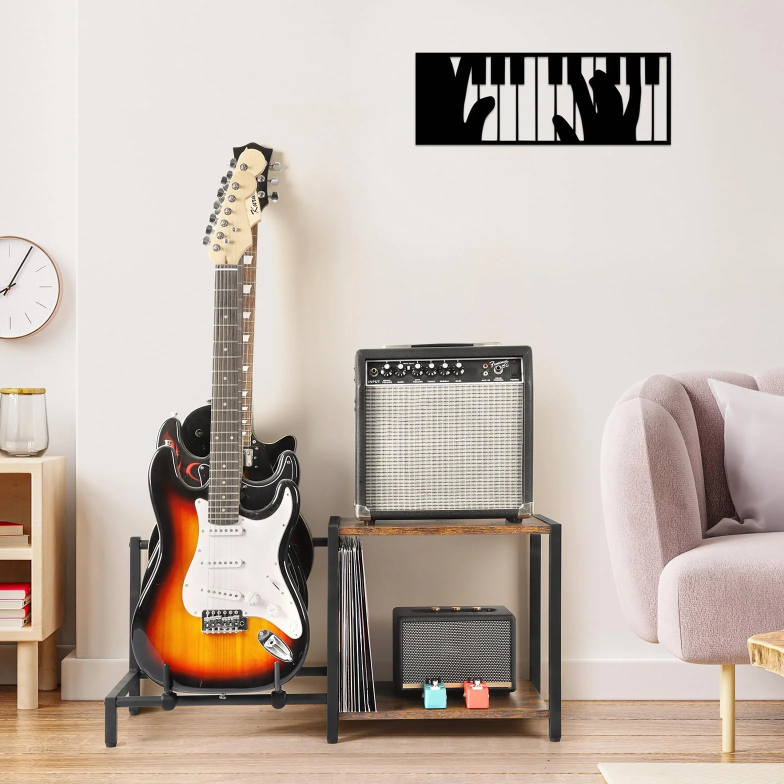 Stojak gitarowy podłogowy, 3-uchwytowa elektryczna gitara basowa ze stojakiem na wzmacniacz gitarowy, regulowany uchwyt gitarowy, stojak gitarowy na wiele gitar i akcesoriów gitarowych