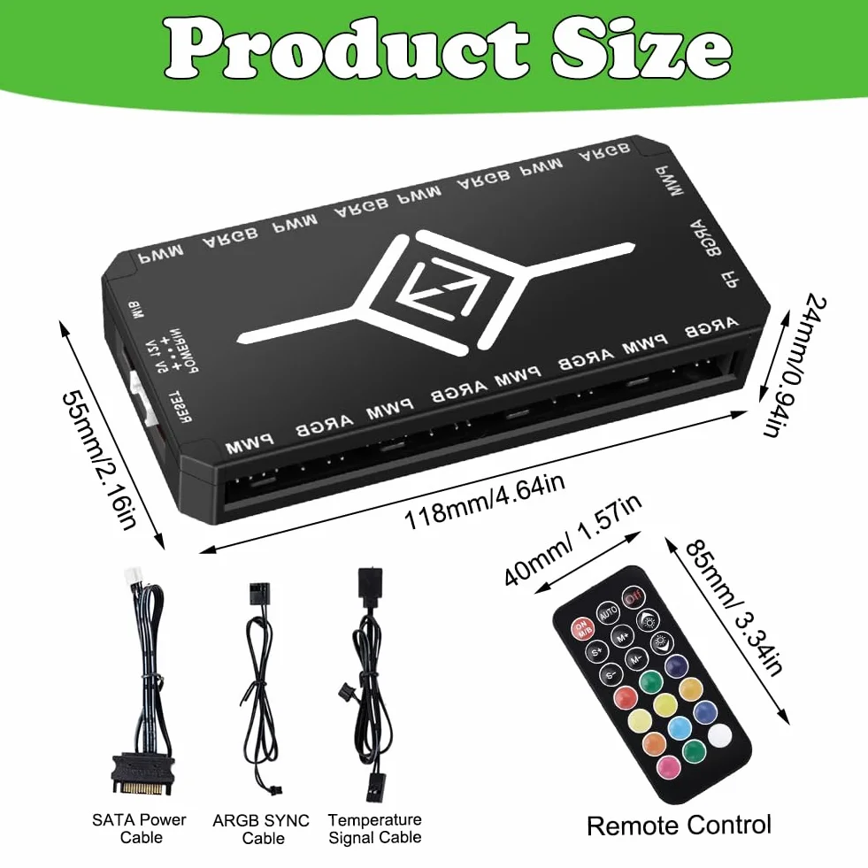 2-w-1 ARGB PWM Fan Hub z kontrolerem, 9 x 5 V 3-pinowe porty ARGB, 9 x 4-pinowe złącza wentylatora PWM, koncentrator RGB z portem SATA Power 18 i pilotem zdalnego sterowania i podstawą magnetyczną