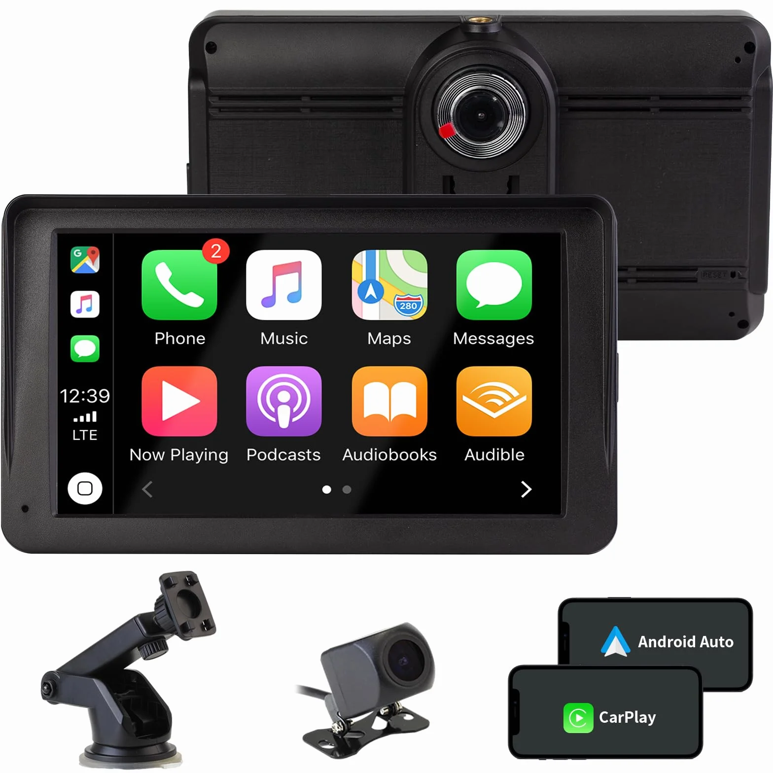 Bezprzewodowy CarPlay i Android Auto, 7-calowy Wyświetlacz Carplay z Kamerą Przednią 2K, Kamera Cofania 1080P, Bluetooth, Mirror Link, FM, AUX, Karta TF