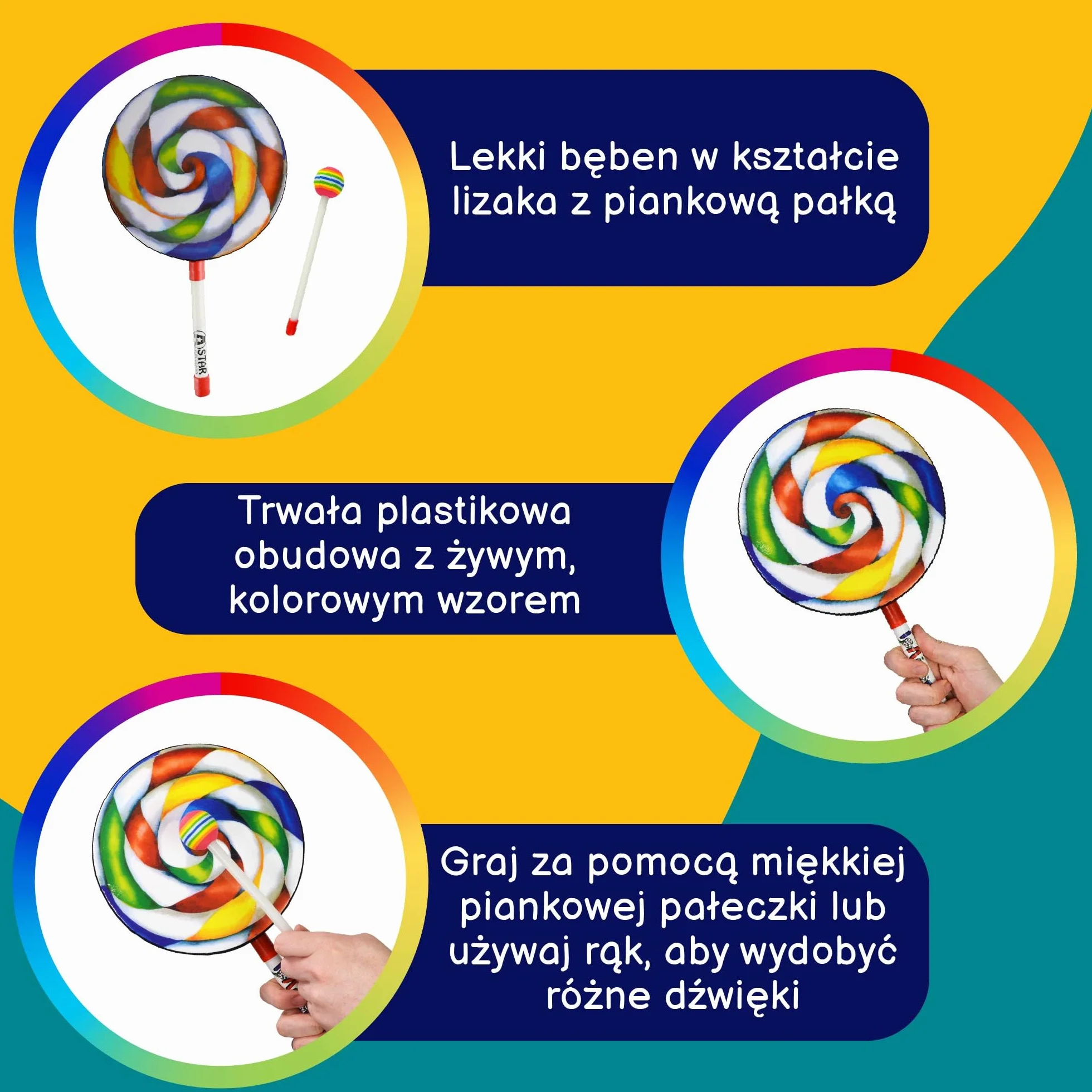 A-Star 8-calowy bęben ręczny Lollipop z plastikowym miękkim ubijakiem - 20 cm tęczowy bęben