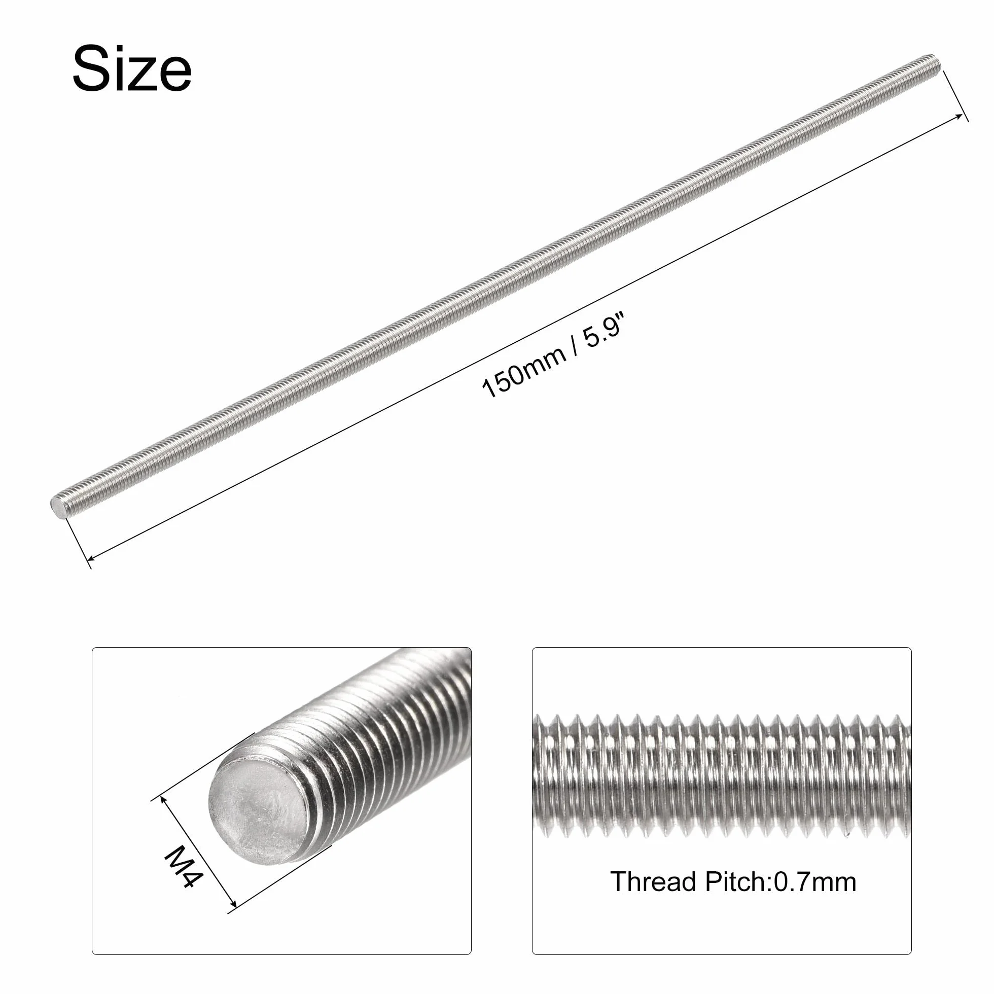 sourcing map 4 sztuki pełen pręt gwintowany M4 x 150 mm 304 stal szlachetna gwint prawy