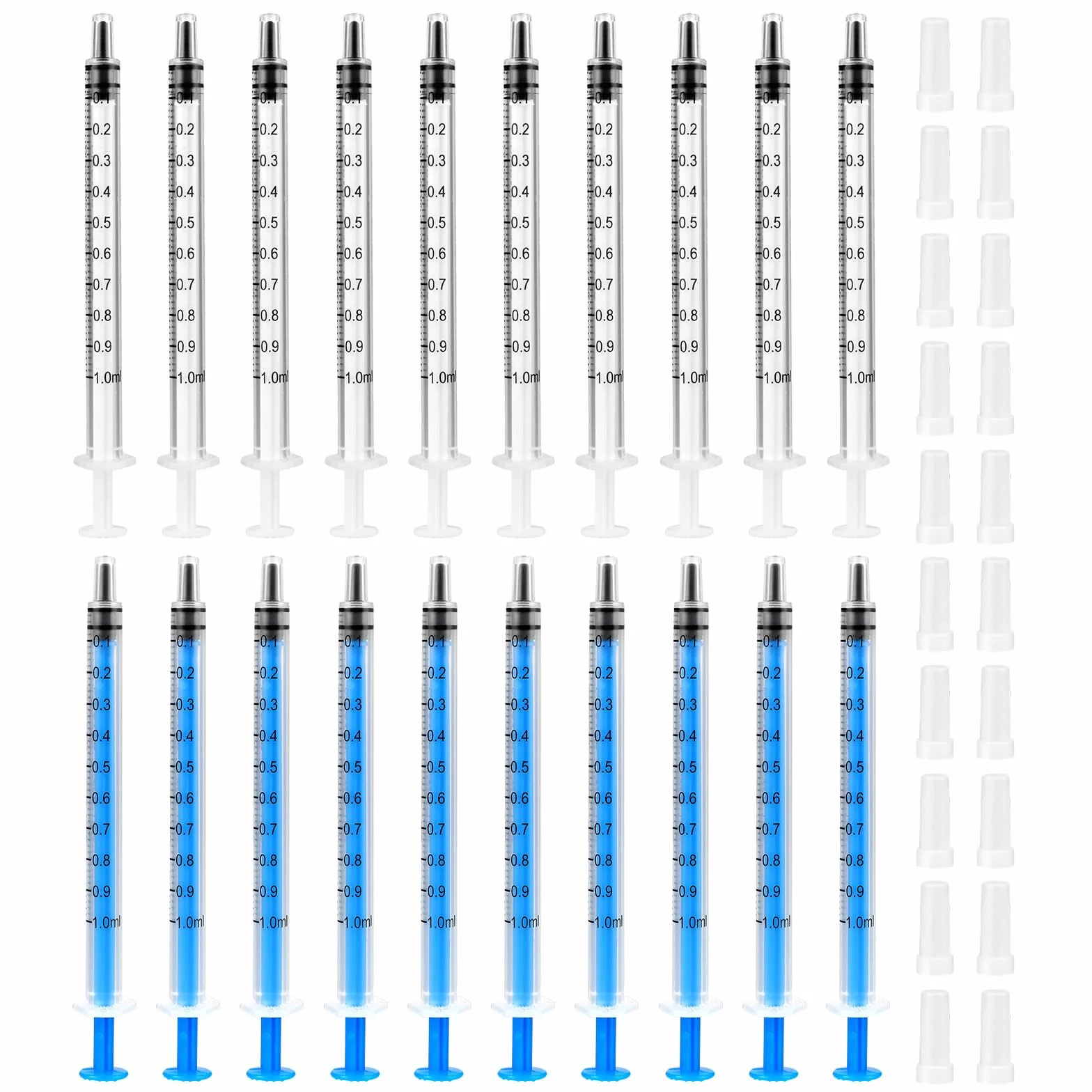 Amabro Plastikowa strzykawka, 1 ml, strzykawki w płynie z nakrętką z pomiarem do laboratoriów, karmienia, dozowania, podlewania, żywności, doustnego adaptera do wciskania, bez igły, przezroczysta
