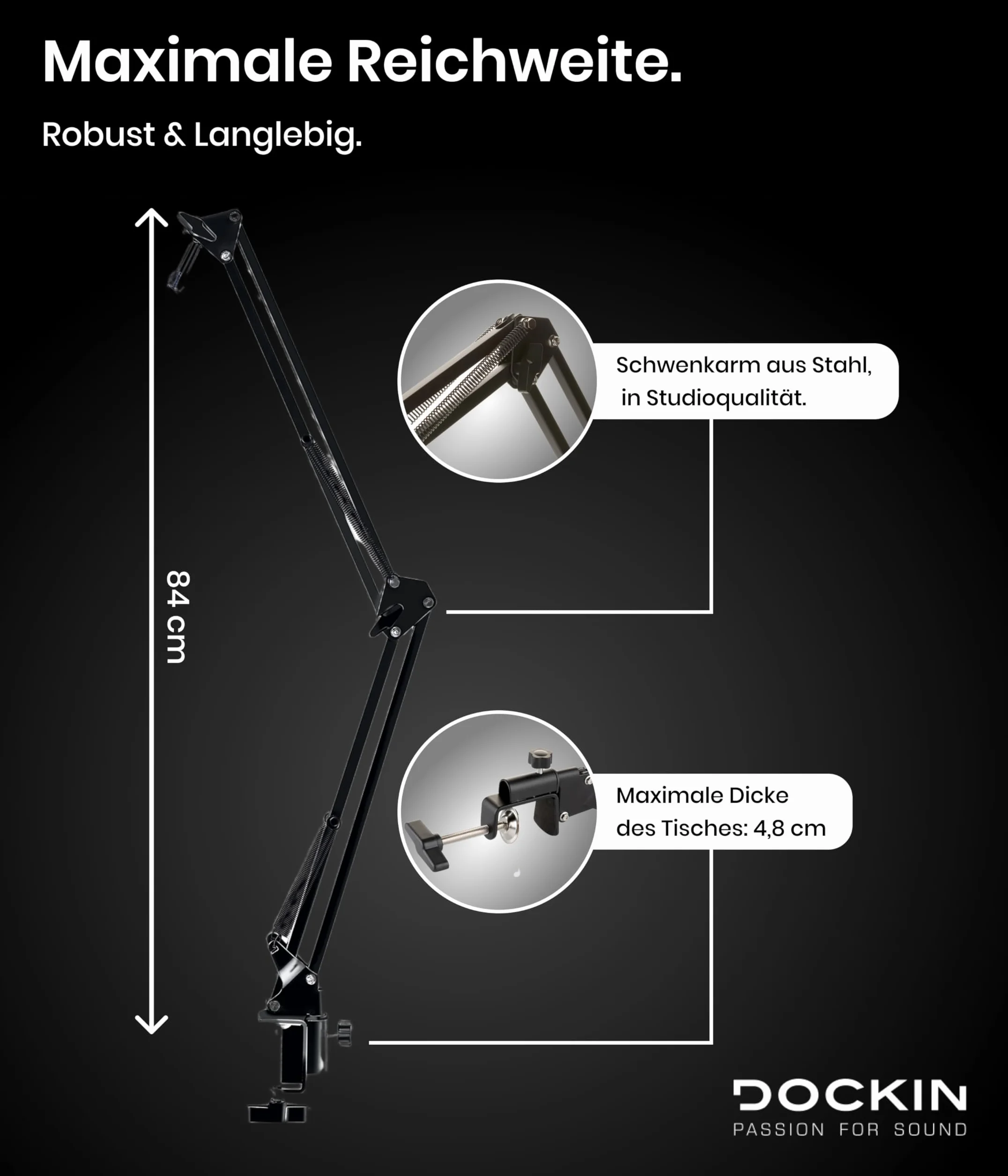 Stojak na mikrofon Dockin® do MP2000 i MP1000, regulowane ramię mikrofonu 3/8 cala do 5/8 cala adapter (84 cm) z klipsem mikrofonowym i zaciskiem stołu, obrotowe ramię do zawieszenia mikrofonu