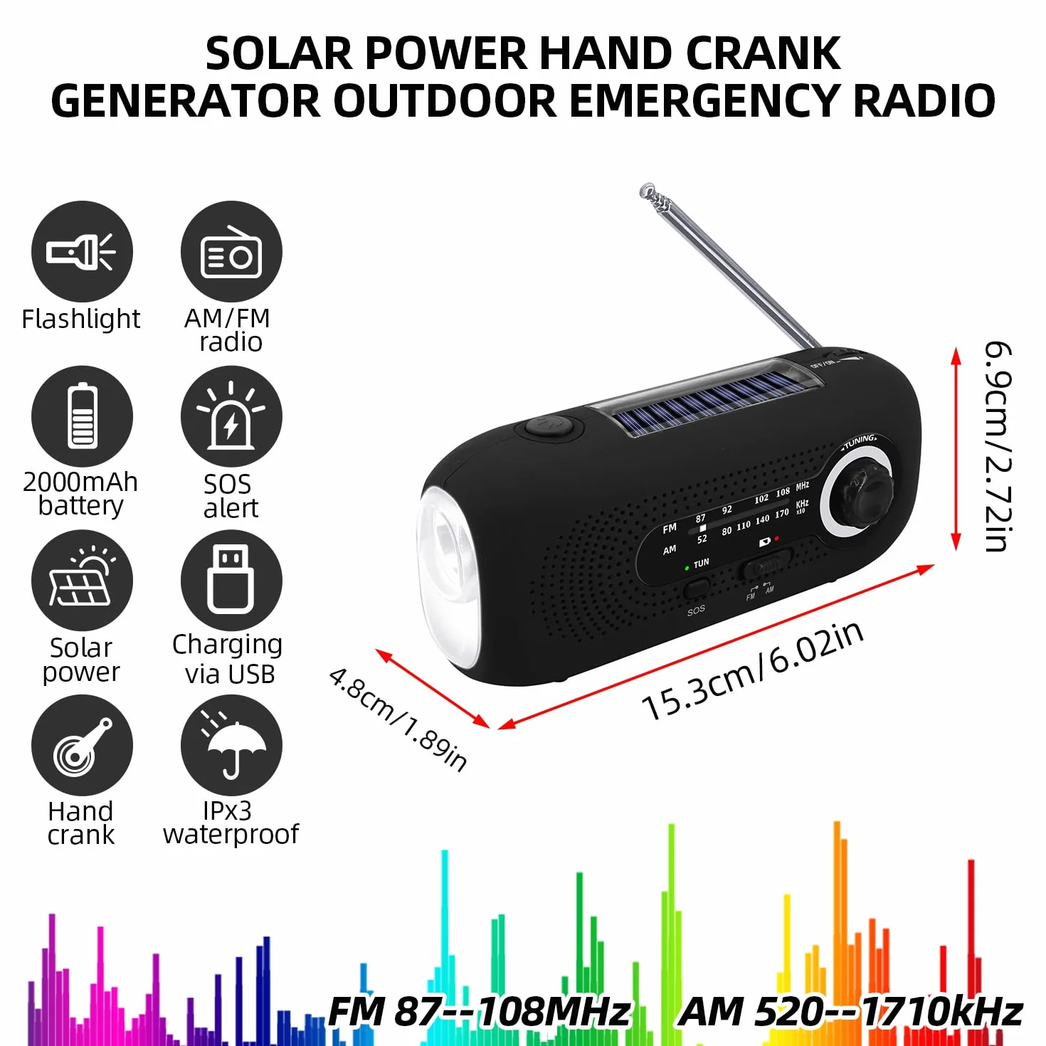 Journy Solar Radio, radio korbowe, radio awaryjne korby, radio dynamo z AM/FM, wbudowana bateria 2000 mAh, 4 tryby latarki LED, alarm SOS dla sytuacji awaryjnych na zewnątrz