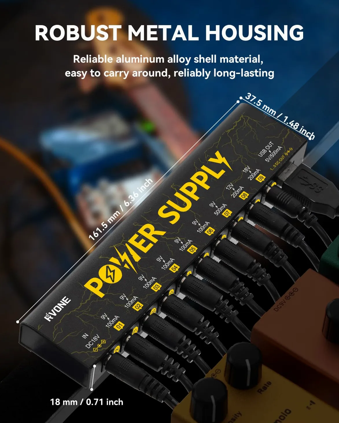 RVONE Zasilacz do pedałów gitarowych z 10 izolowanymi wyjściami DC i USB, ochroną przed zwarciem, redukcja szumów, stabilne zasilanie 9 V/12 V/18 V do pedałów efektów (Lightning Yellow)