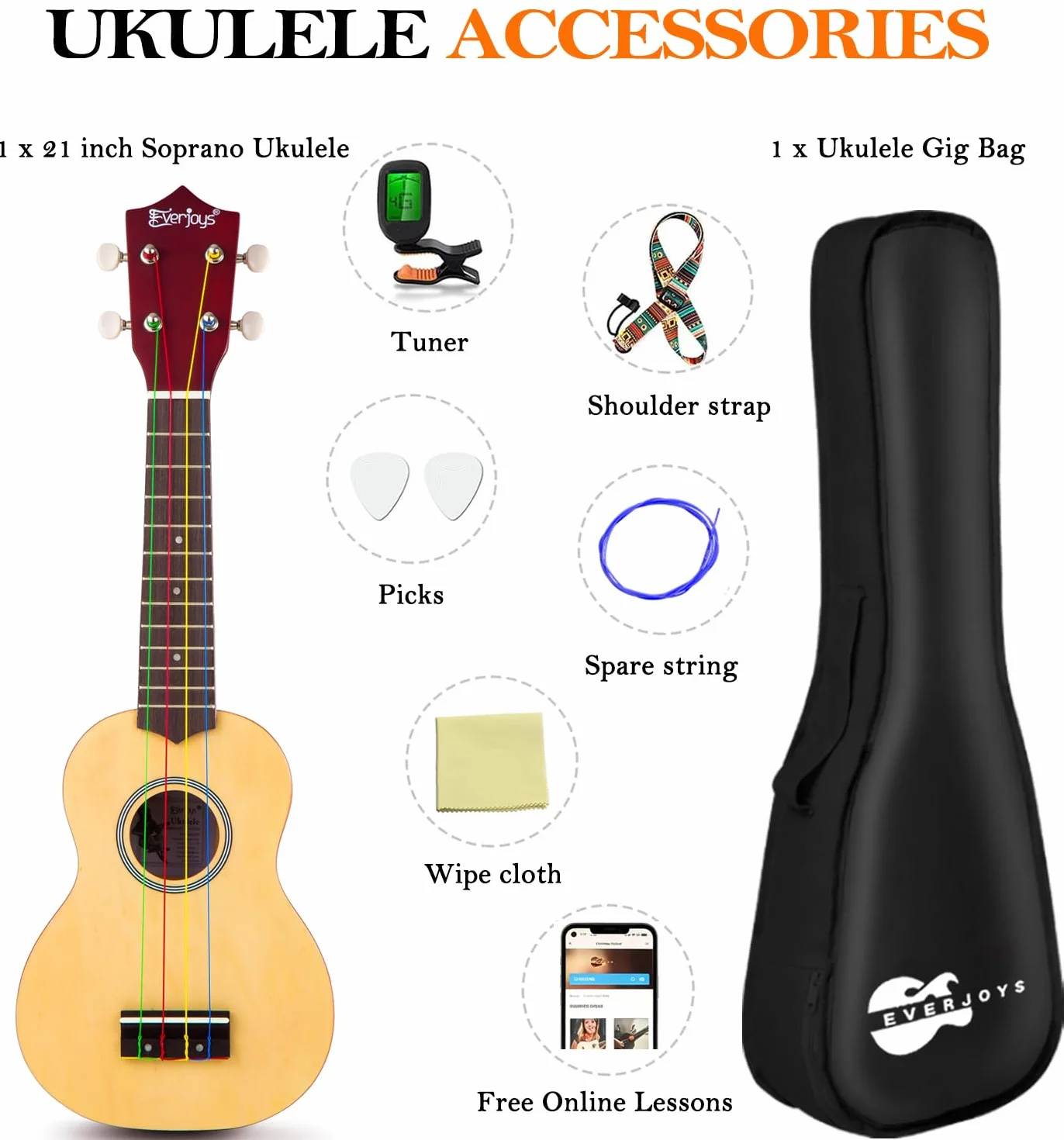 Everjoys Ukulele sopranowe, zestaw startowy dla dzieci i dorosłych, 21 cali, z torbą, tunerem, piosenkami, strunami, pickiem, mała gitara hawajska, natura