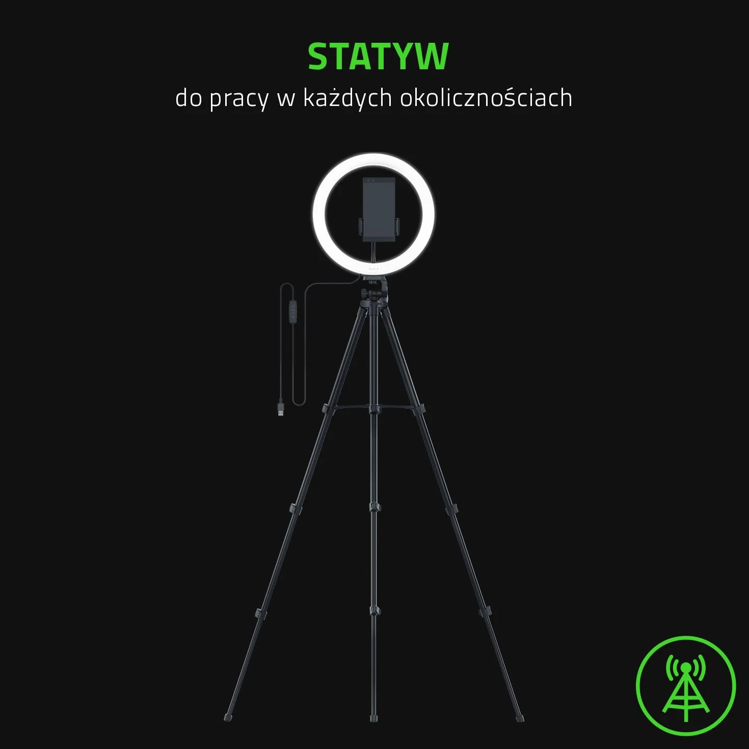 Razer Ring Light - 12-calowa lampa pierścieniowa LED USB + Statyw do streamingu z komputerów PC i urządzeń mobilnych (Regulowane spektrum światła, Wszechstronne opcje mocowania) Czarny