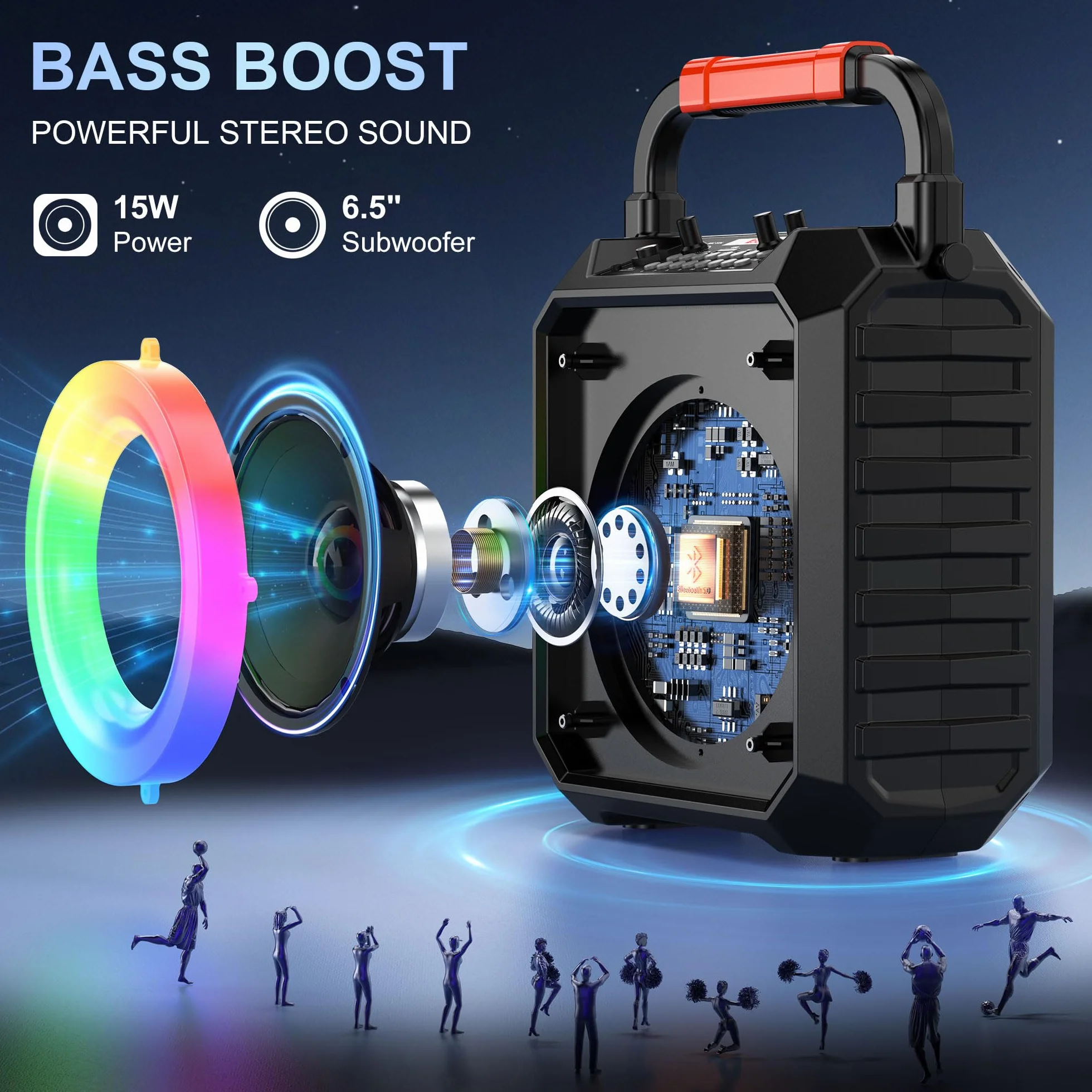 JAUYXIAN Karaoke Machine z 2 mikrofonami bezprzewodowymi, przenośny głośnik Bluetooth, system PA TF/USB/AUX