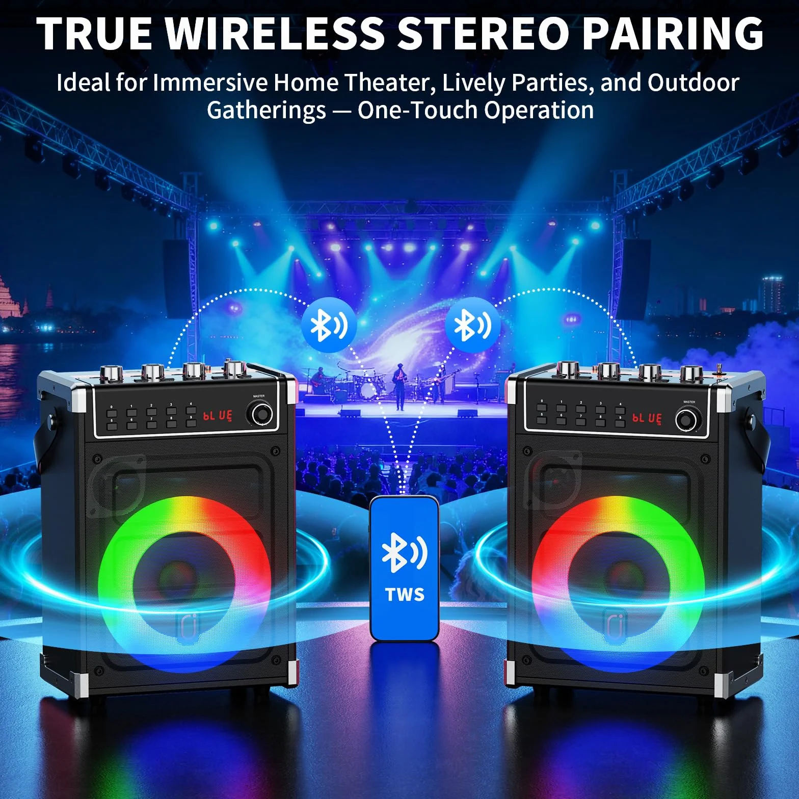 JYX Maszyna do karaoke z 2 mikrofonami bezprzewodowymi UHF, regulacją basów/wysokich tonów i oświetleniem LED, obsługą TWS, AUX In, FM, REC, zasilacz dla imprezy/dorosłych/dzieci - czarny (Czarny)