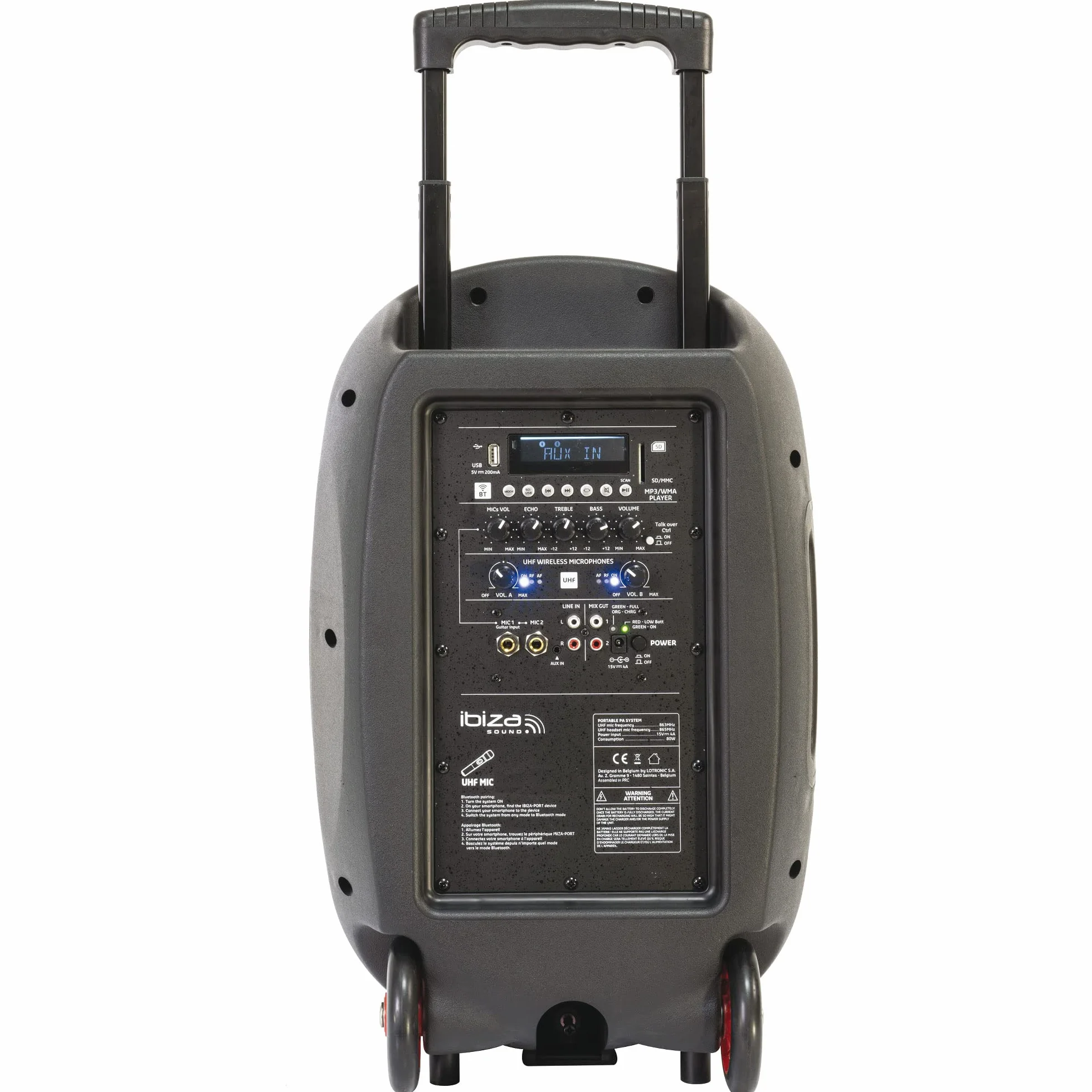 Ibiza - PORT15UHF-MKII-TWS - Przenośny zestaw głośnikowy 15"/800W MAX z 2 mikrofonami (UHF), pilotem zdalnego sterowania i futerałem ochronnym - Bluetooth, USB, SD & TWS - 6 do 8 godzin autonomii