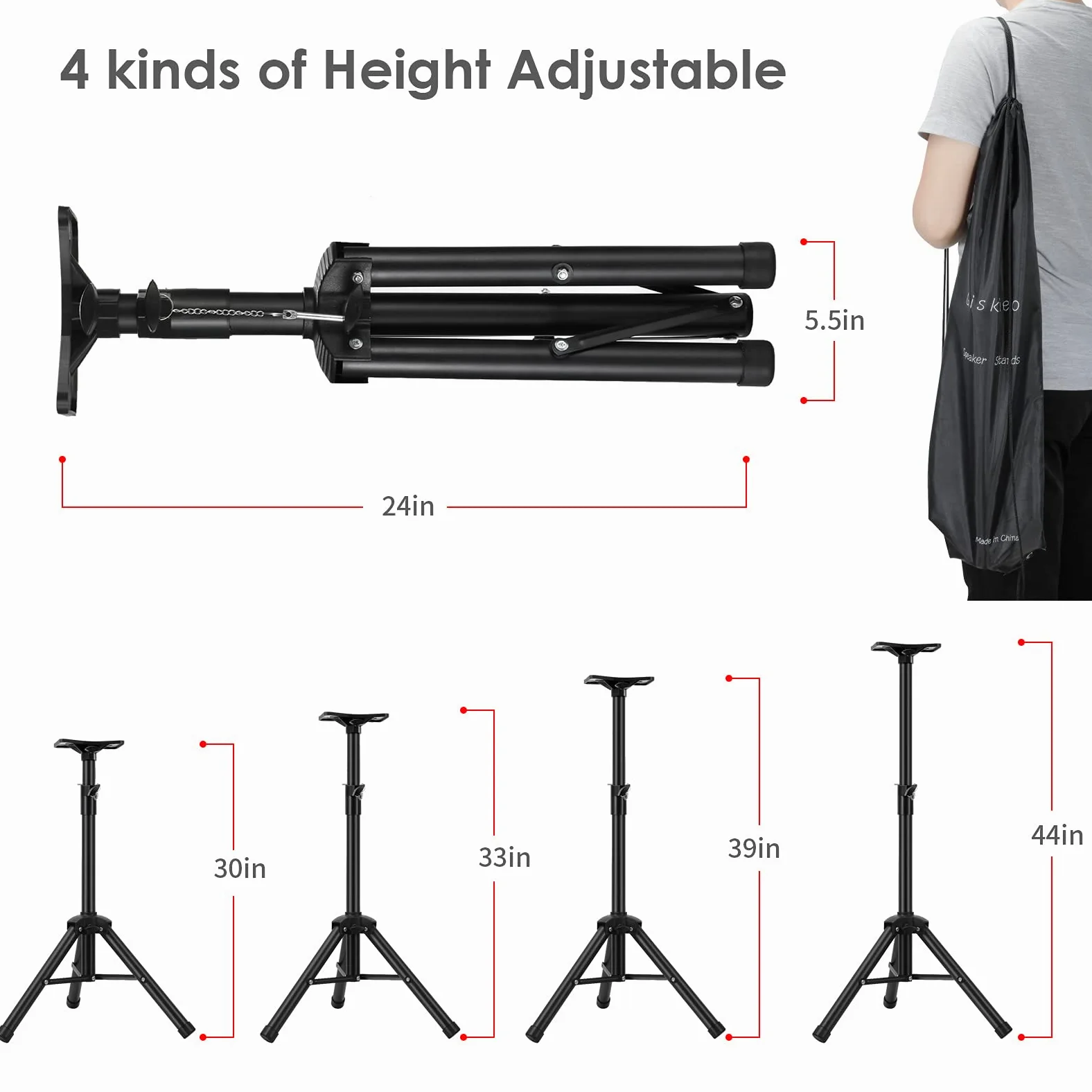 Wytrzymały stojak na głośniki PA i DJ - regulowana wysokość 76 cm do 112 cm stal, torba transportowa