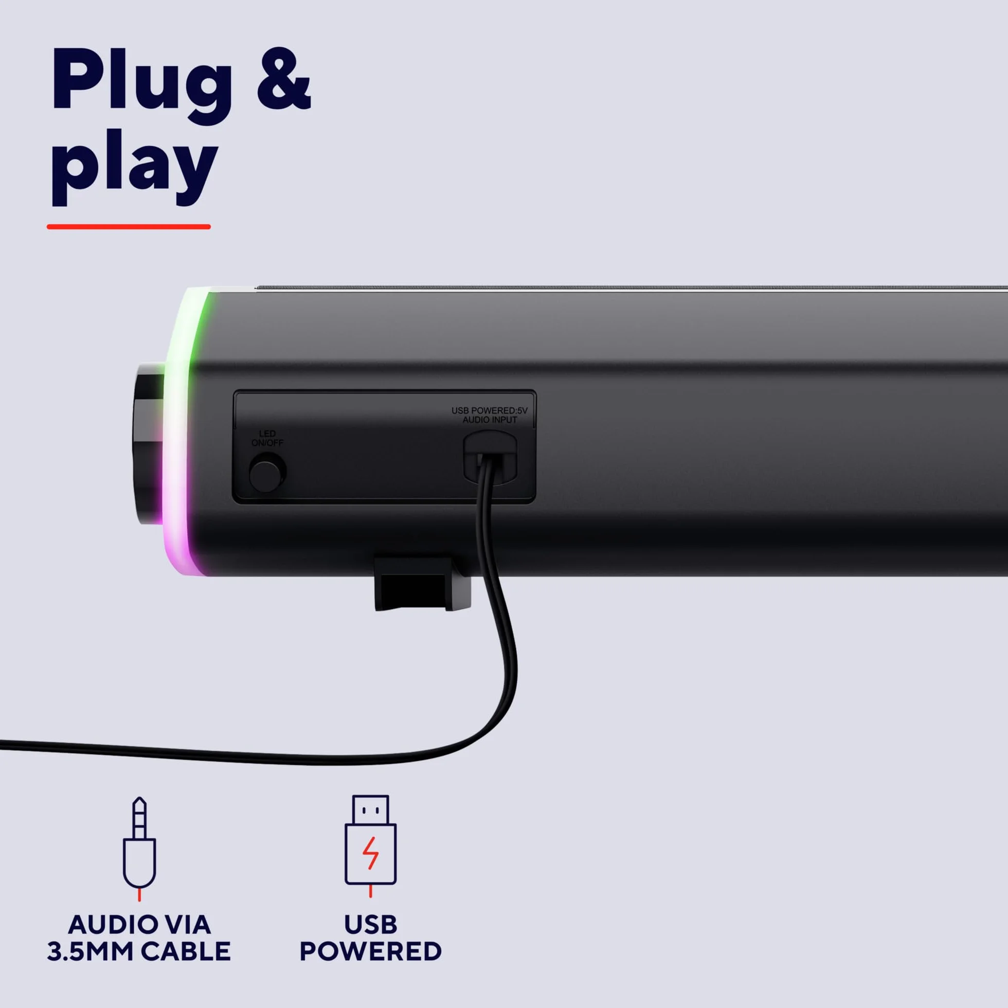 Trust Liro Soundbar do Komputera i Laptopa, Kompaktowy Głośnik Stereo LED RGB Zasilany przez USB, Moc Szczytowa 12W, Połączenie Audio Jack 3,5 mm, Podświetlane Głośniki PC, Czarny