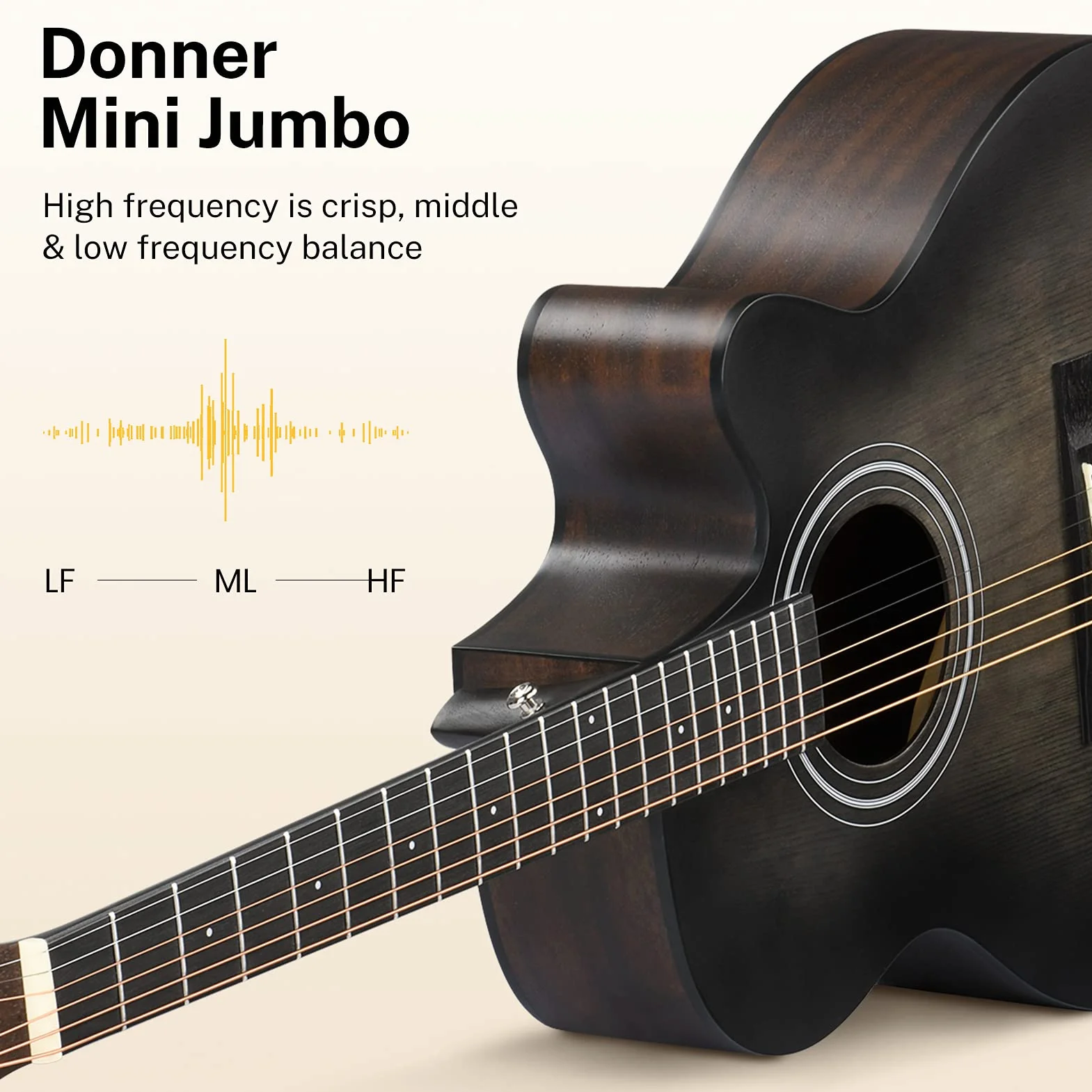 Donner Gitara akustyczna 4/4 dla początkujących, zestaw startowy, 102 cm, wycięcie z torbą na pickup, tuner, pasek kapodowy, mini jumbo, dla dorosłych, podróży, nastolatków, praworęcznych, czarna