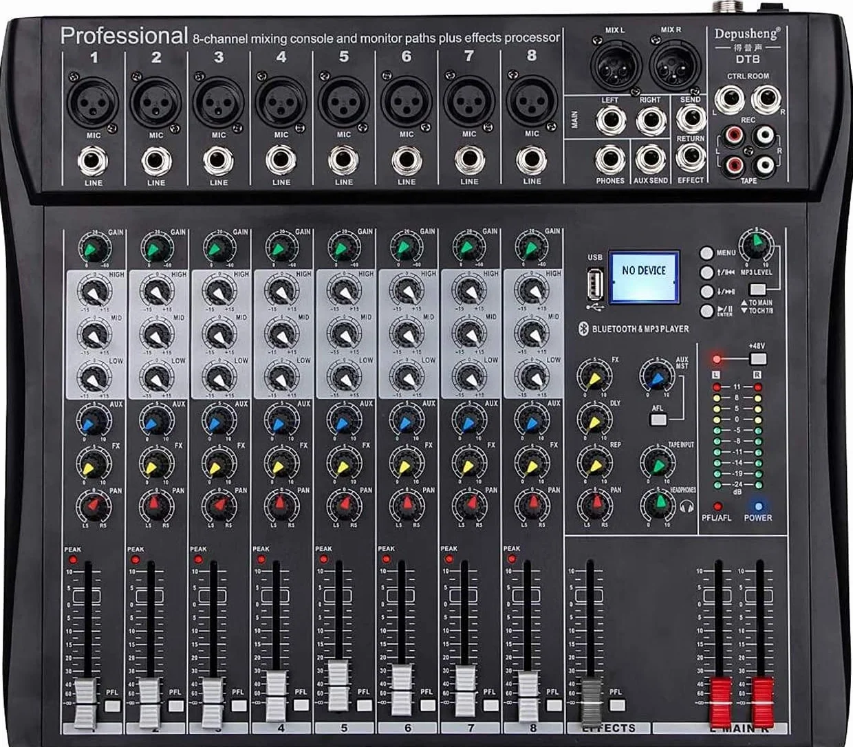 Depusheng DT8 profesjonalny mikser soundboard, konsola, 8-kanałowy system stołowy, interfejs cyfrowy, USB dla komputera i MP3, wejście Phantom 48 V, kolor czarny