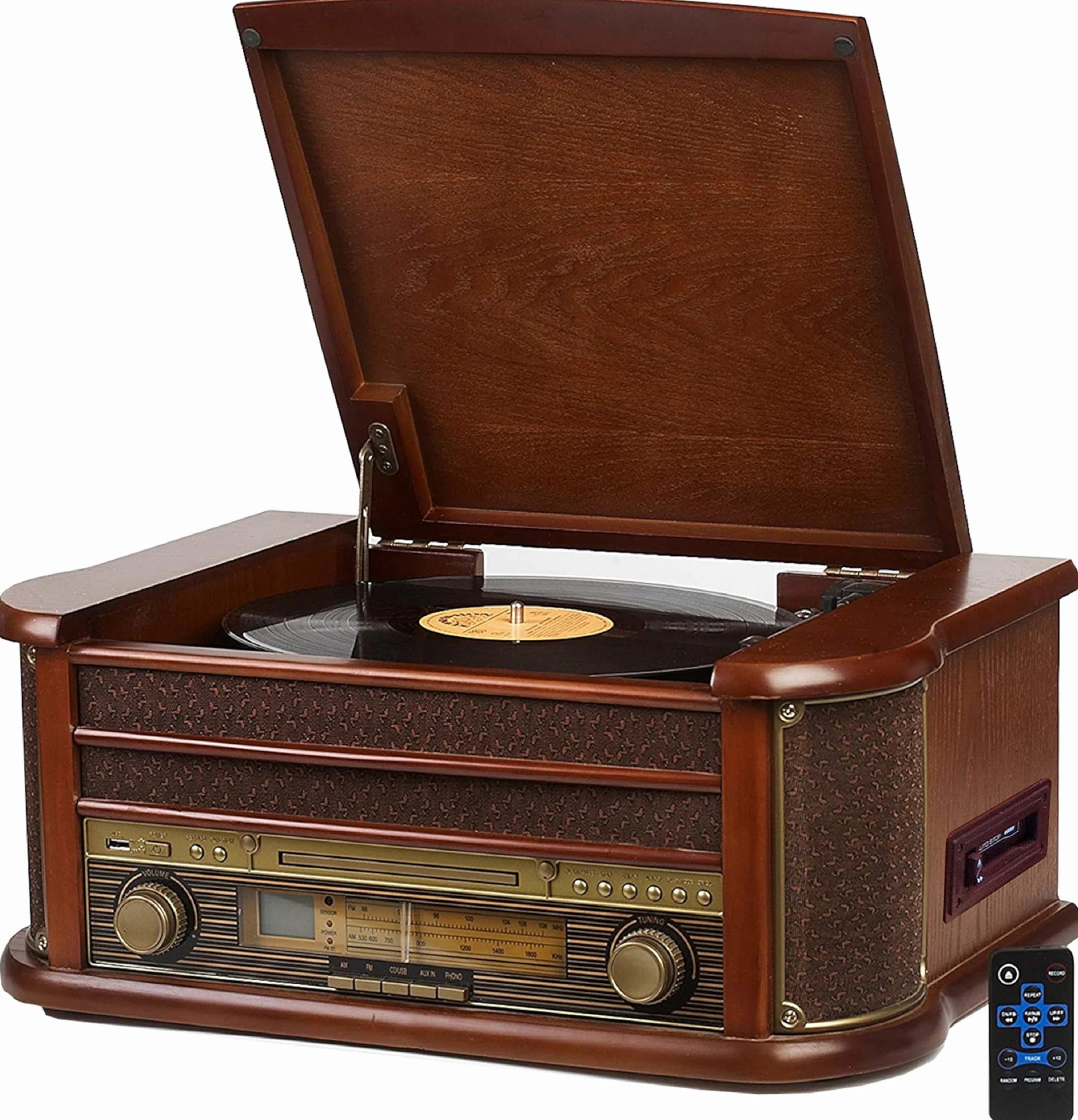 Nostalgiczny drewniany zestaw muzyczny | zestaw kompaktowy | Bluetooth | magnetofon kasetowy | retro zestaw stereo | odtwarzacz CD MP3 USB | pilot zdalnego sterowania | gramofon | radio | kodowanie MP3: Funkcja nagrywania AUX IN.