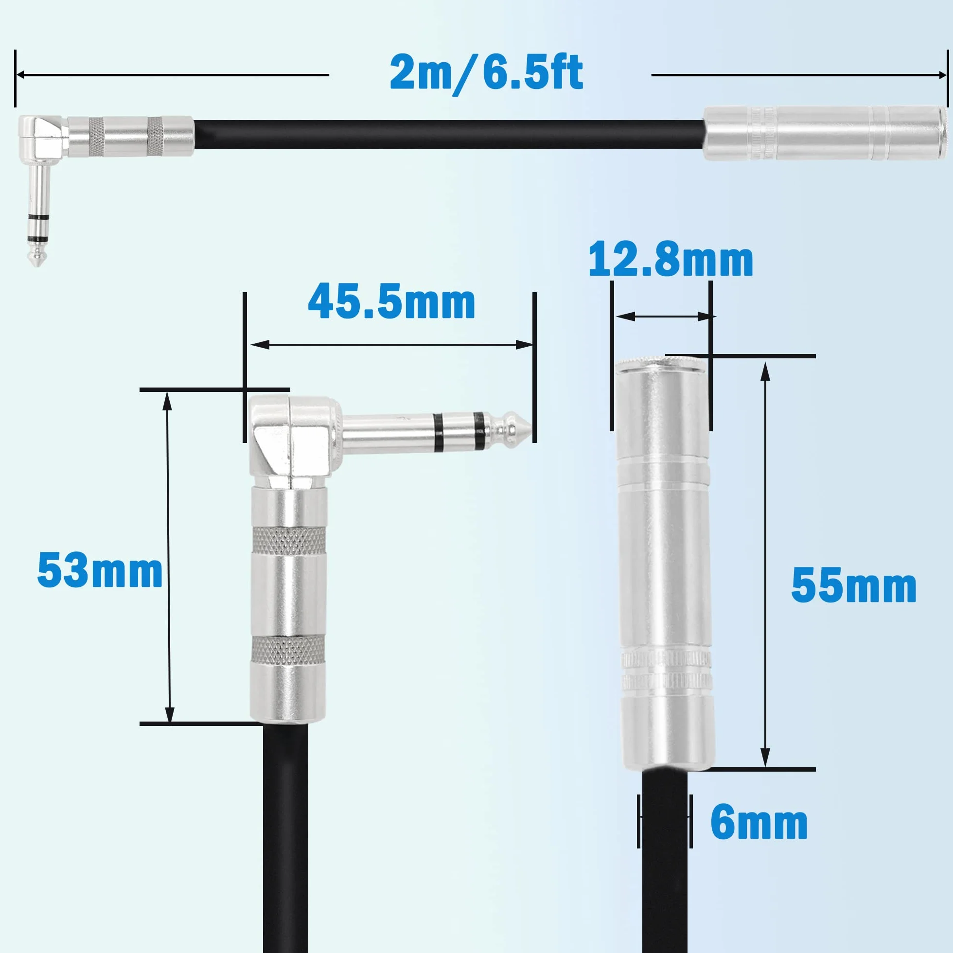 Przedłużacz stereo 1/4 cala kąt prosty 6,35 mm męski na żeński kabel audio stereo TRS do wzmacniaczy, gitar i sprzętu do kina domowego itp. (2 m)