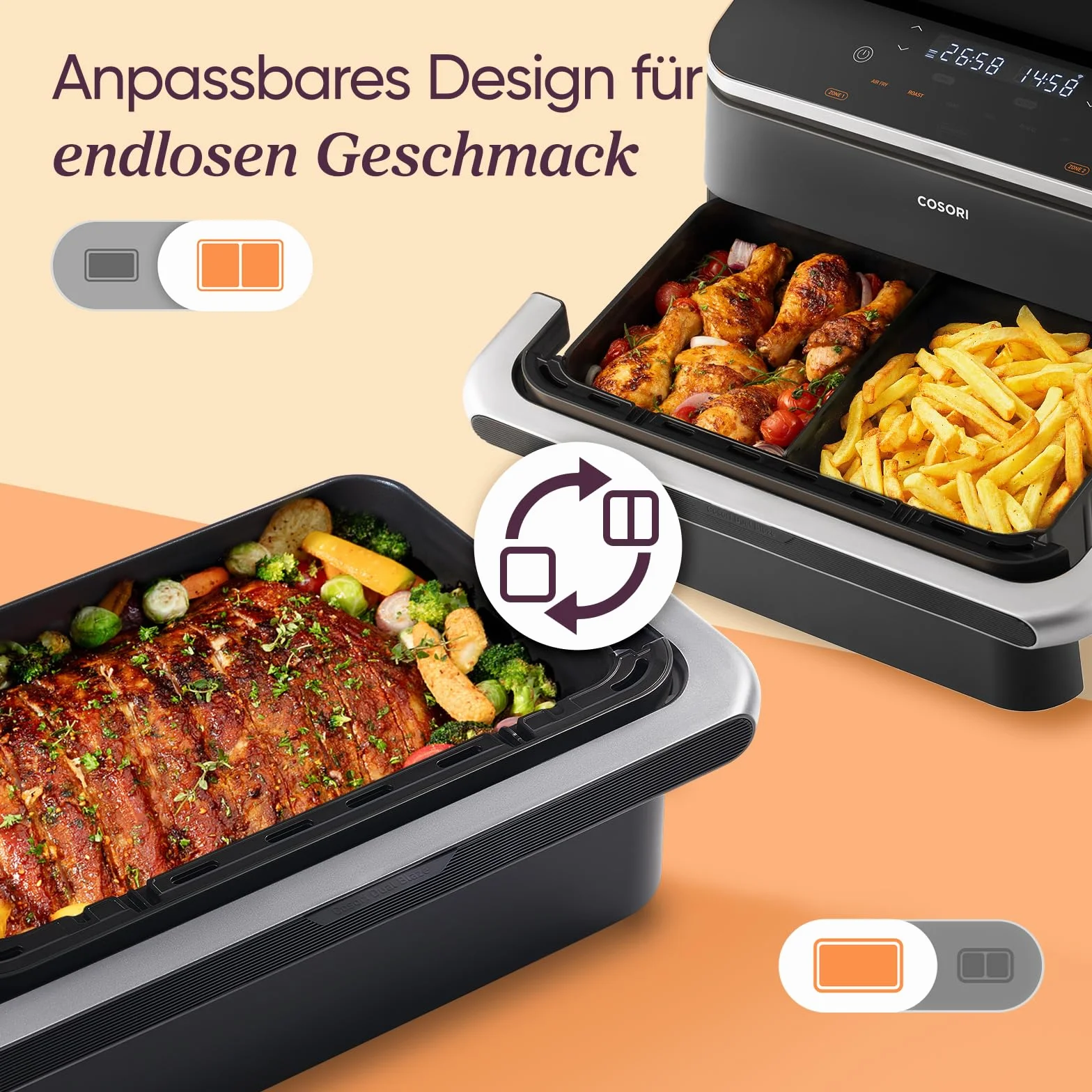 COSORI Frytkownica na gorące powietrze, 2 komory, Dual Blaze TwinFry 10 l, z 4 rurami grzewczymi i elastycznymi komorami, równomierne rozprowadzanie ciepła, temperatura do 240 °C, czarna