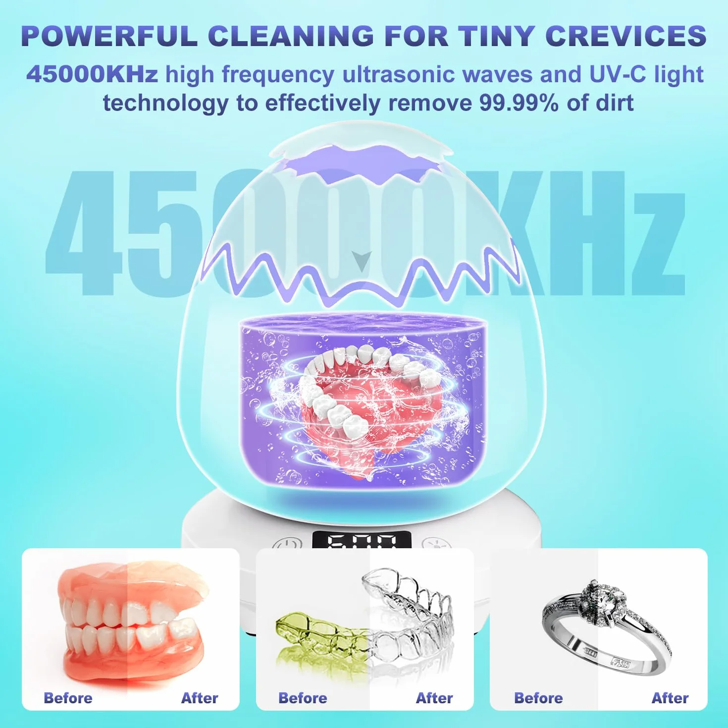 Ultrasonic Cleaner 2025–45000 Hz, 180 ml, ultradźwiękowe urządzenie do czyszczenia Dental Pod do szyn zębowych, protez, retainerów, alignerów, protez zębowych, główki szczoteczki do zębów, biżuterii