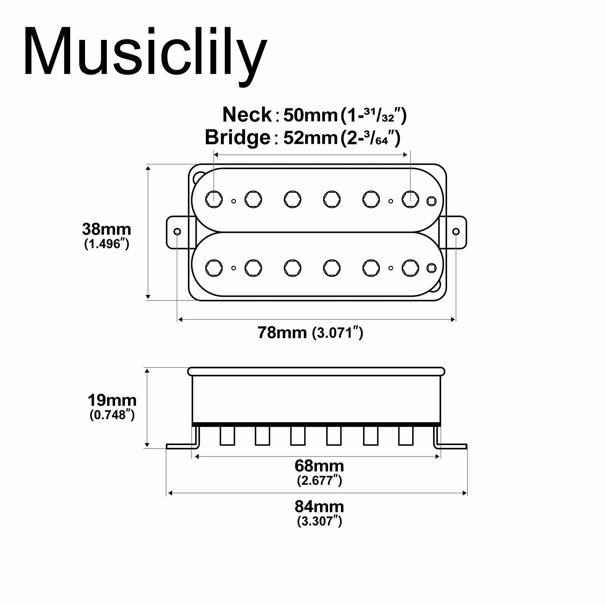 Musiclily Pro HH-HEXA Alnico 5 Odkryty Przetwornik Humbucker Regulowany Sześciokątny Słupek Neck Bridge Pickups Set 7,8K/16K do Gitary Elektrycznej, Czarny