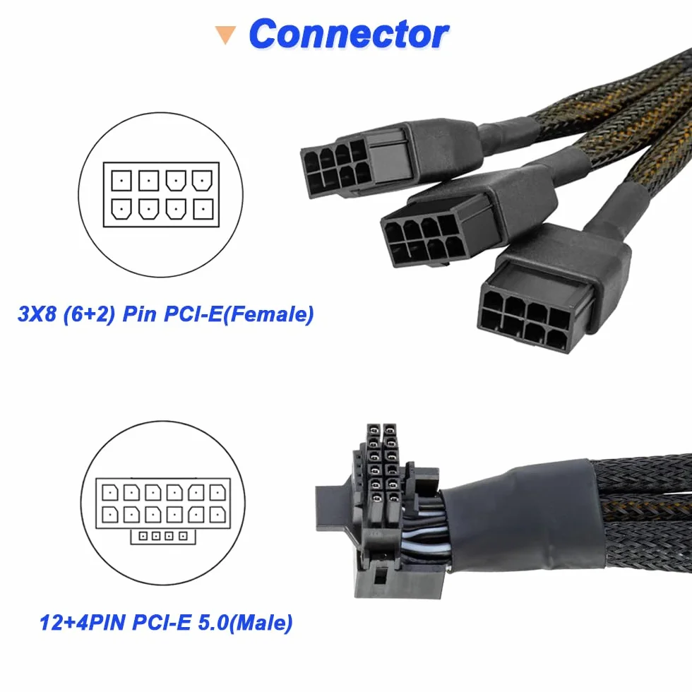 Xiatiaosann 16 AWG PCIE 5.0 12VHPWR 600W 3x8 Pin do 16Pin (12+4Pin) 90 stopni Adapter do zasilania kątowego prostego dla karty graficznej RTX 4090 4080 3090TI 4070Ti (typ B)