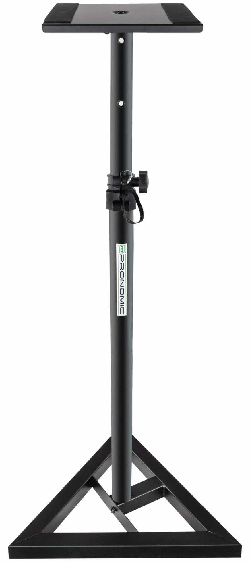Pronomic SLS-10 statyw do monitora studyjnego (regulacja wysokości od 80 cm do 130 cm, trójkątna podstawa, gumowe nóżki, kolce z kolcami, stal, płyta nośna z gumowymi paskami) czarny malowany proszkowo
