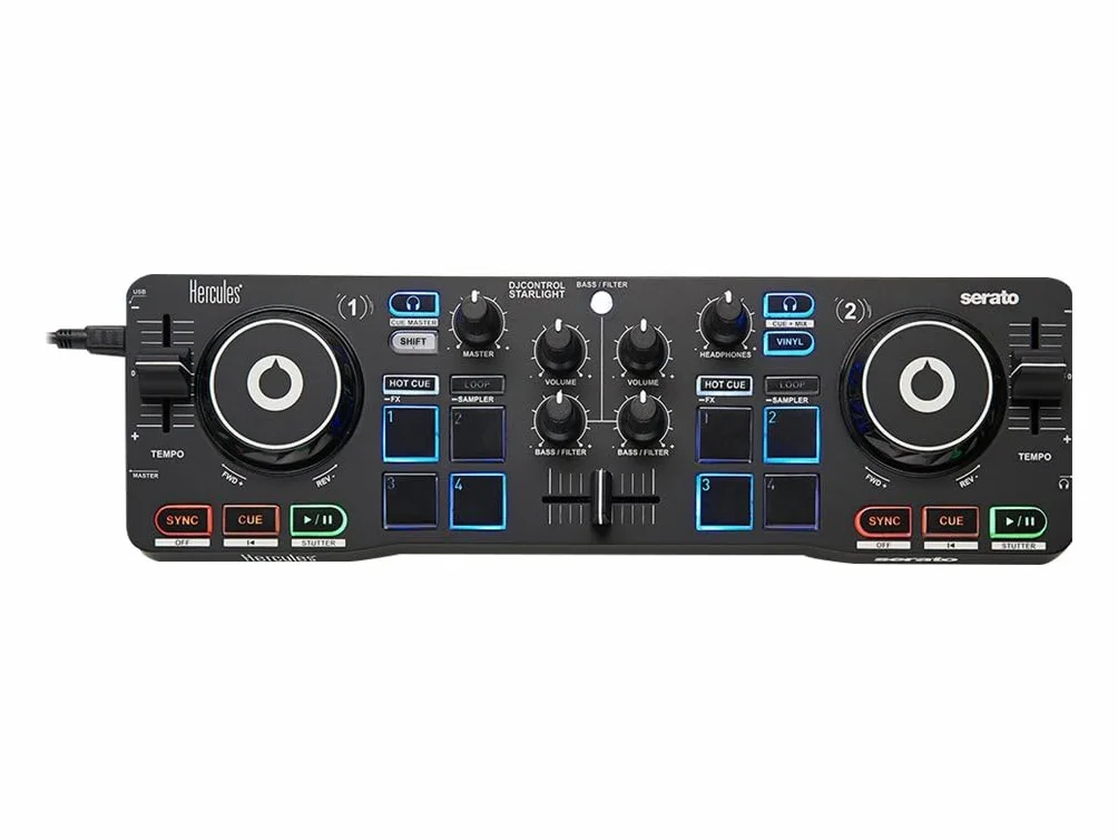 Hercules DJControl Starlight – Przenośny 2-kanałowy kontroler DJ z USB i 8 padami, z oprogramowaniem Serato DJ Lite, kompatybilny z PC i Mac
