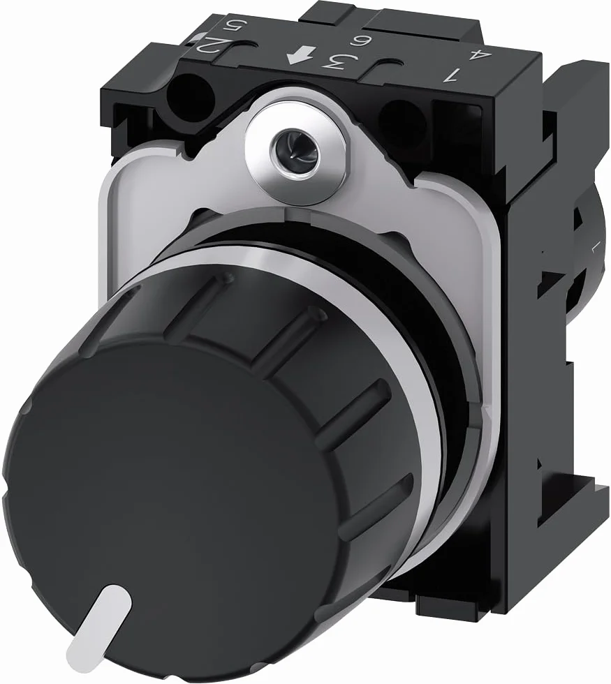 Siemens 3SU1200-2PR10-1AA0 Potencjometr, kompaktowy, 22 mm, okrągły, plastikowy, czarny, 4,7 K OHMS, z uchwytem, wkręcany, biały