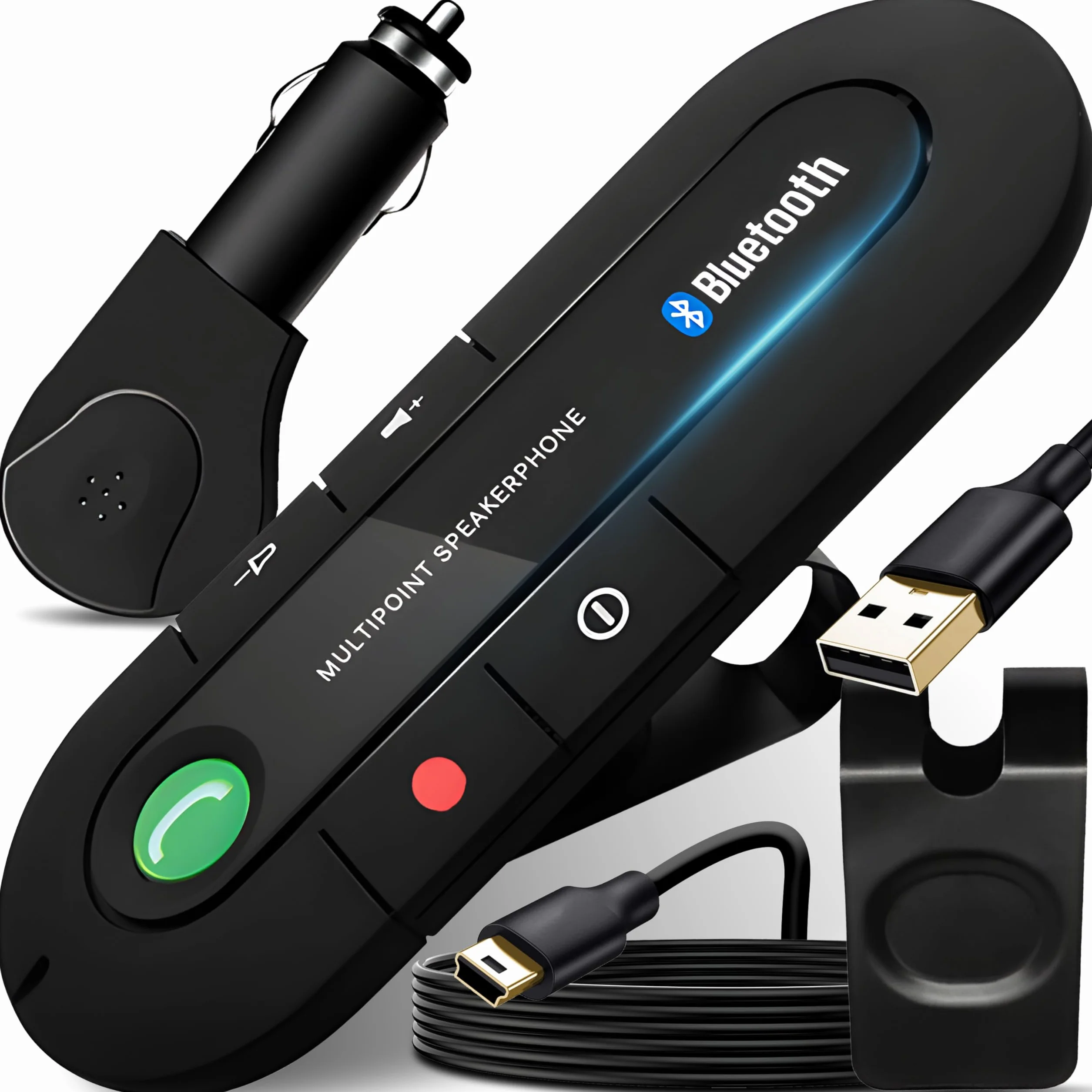 Retoo Samochodowy zestaw głośnomówiący Bluetooth z regulacją głośności i słuchaniem muzyki, zestaw głośnomówiący z akumulatorem do 20 godzin, kompatybilny z iPhone, Samsung, czarny