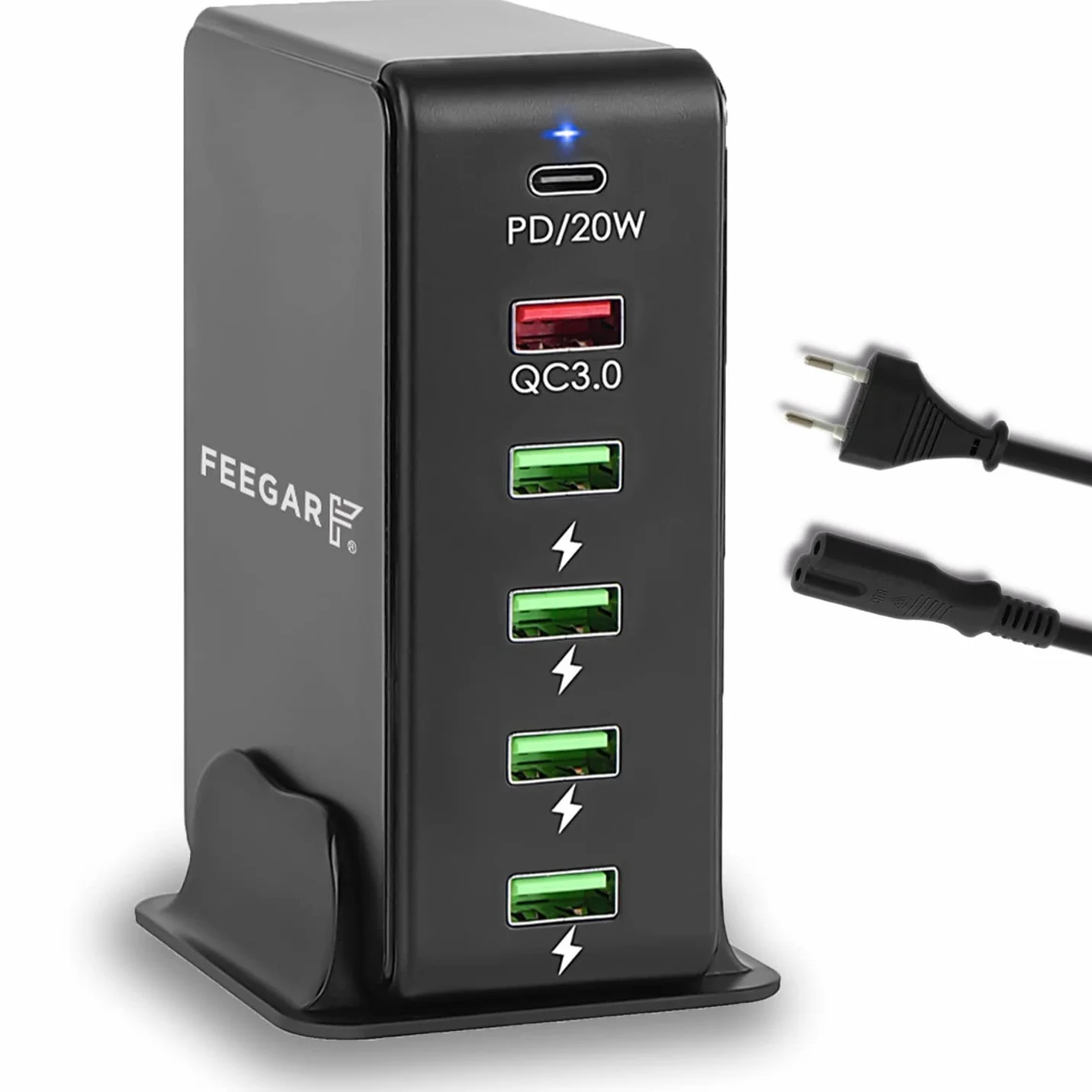 Stacja ładująca Feegar Tower 86W USB 6-portowa ładowarka sieciowa na biurko, przenośna wieloportowa ładowarka USB z 6 USB-A i USB-C PD Quick Charge QC 3.0