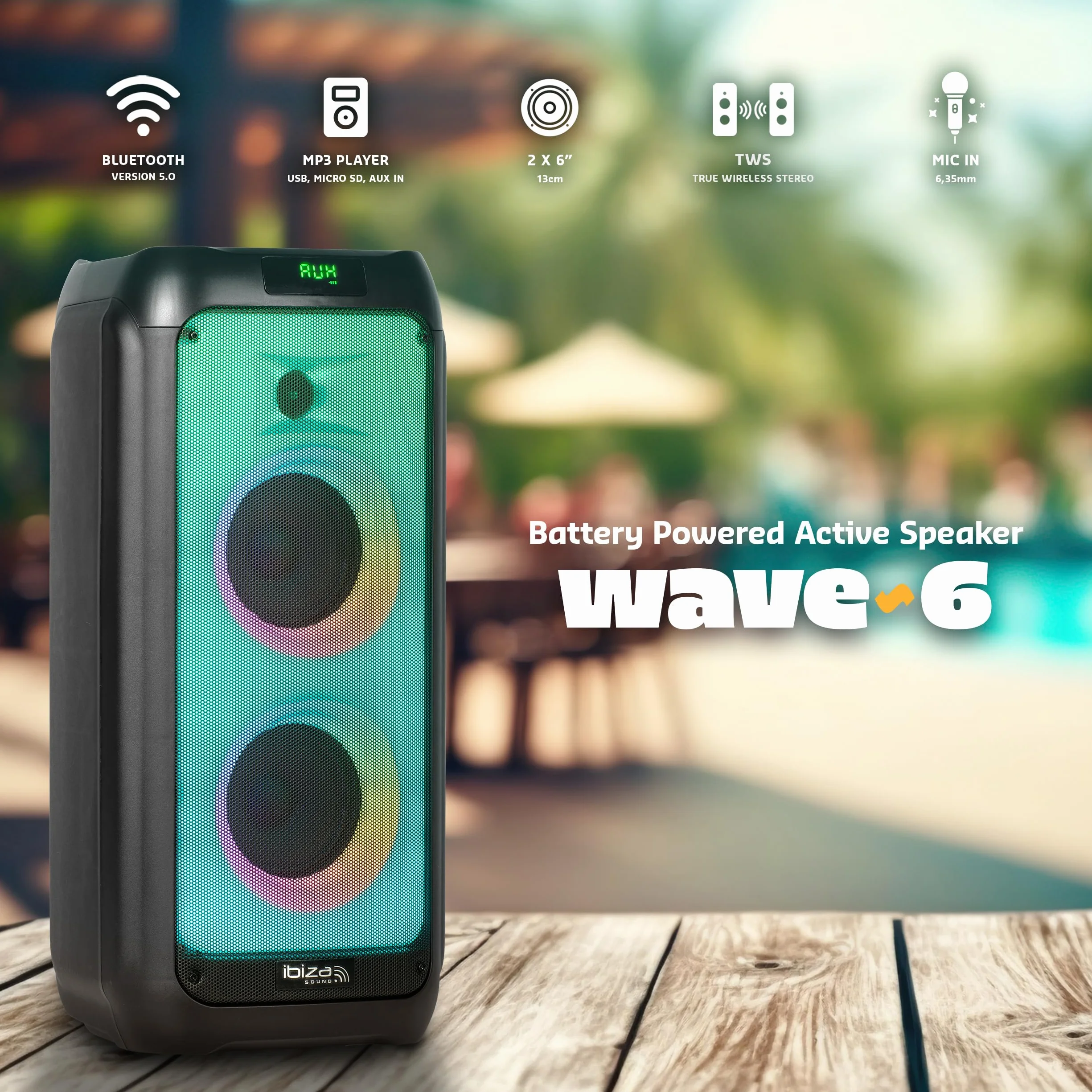 Ibiza - WAVE6 - Głośnik akumulatorowy 250W/2x5,25" z Bluetooth, USB i microSD - Efekt WAVE LED i bezprzewodowe połączenie TWS - Czarny