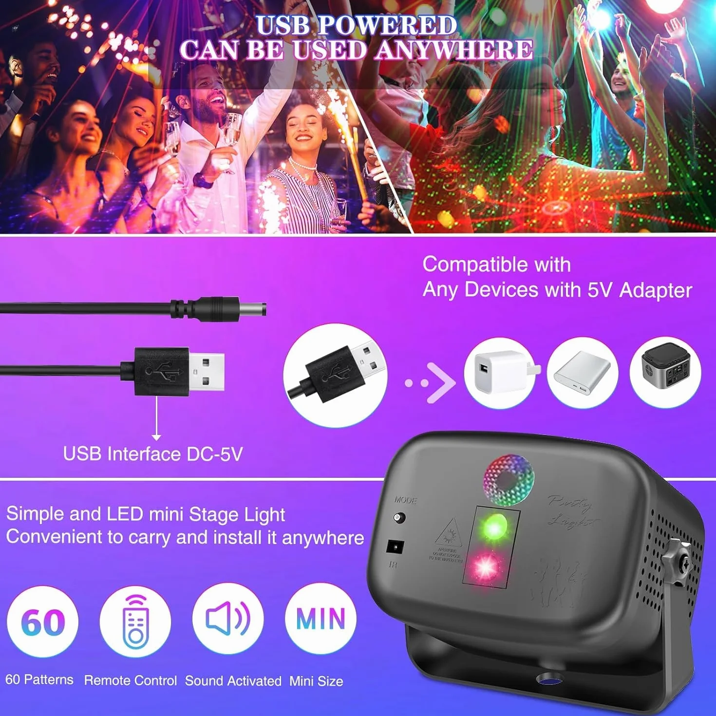 Światło dyskotekowe na imprezy Mini światło dyskotekowe Światła stroboskopowe z pilotem zdalnego sterowania RGB Stroboskop z 60 efektami do klubów imprez dla dzieci urodzin wesel