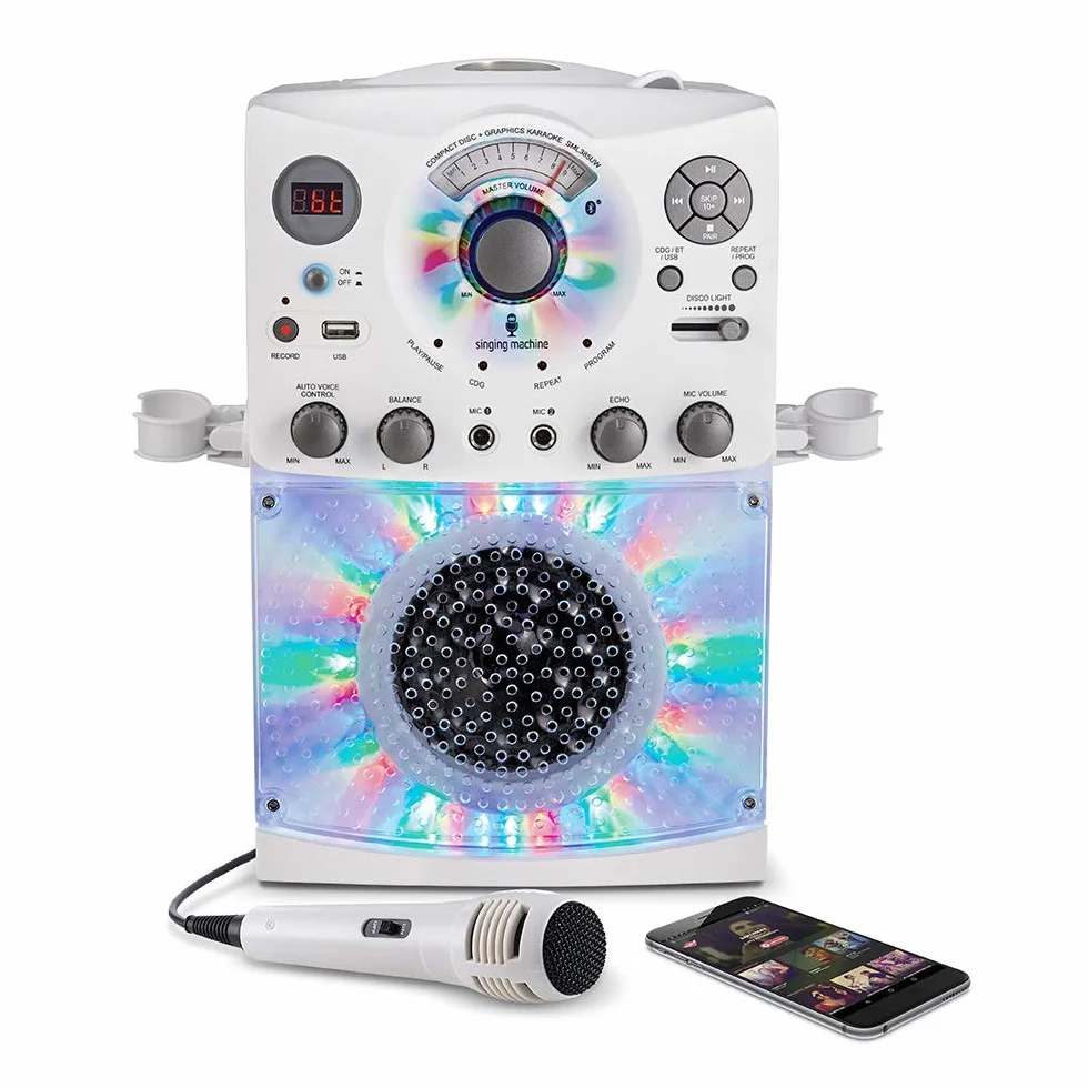 Singing Machine SML385U system karaoke ze złączem Bluetooth – biały dla Europy – efekty świetlne LED, mikrofon, USB, wyjścia RCA, regulator echa i równowagi oraz wejście AUX.