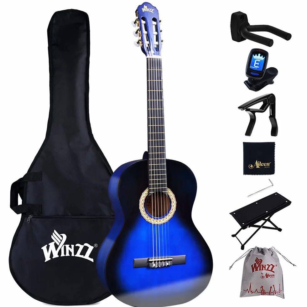 Winzz Z 80 cm gitara klasyczna 4/4 rozmiar dla dorosłych dzieci zestaw dla początkujących, blueburst
