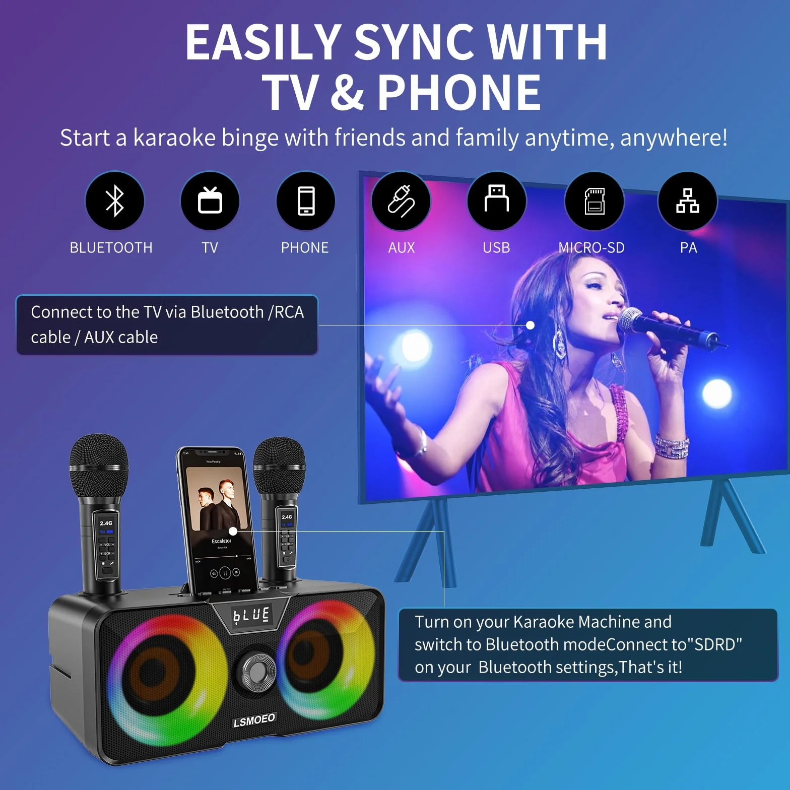 Maszyna do karaoke dla dorosłych i dzieci z 2 mikrofonami bezprzewodowymi UHF,przenośny głośnik Bluetooth PA z oświetleniem imprezowym LED na imprezę domową,piknik,samochód,prezenty urodzinowe
