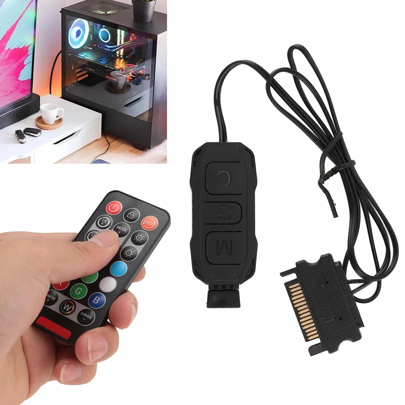 Kontroler Wentylatora Serial ATA Power RGB, Zestaw Kontrolera Wentylatora ARGB PC, 21 Klawiszy do 3-pinowej Taśmy LED LED 5 V, Pilot, Drut Miedziany, Chowana Konstrukcja,