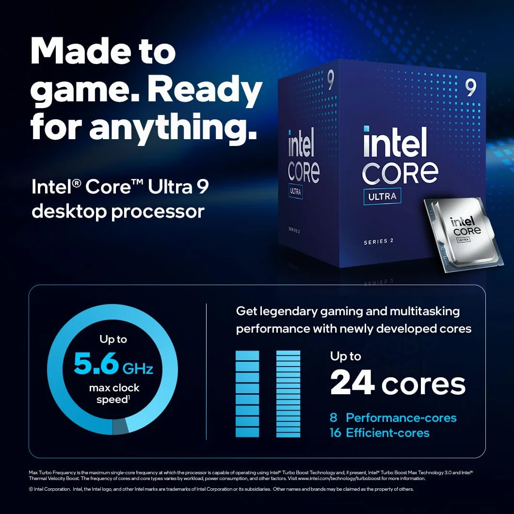 Procesor Intel Core Ultra 9 285 do komputerów stacjonarnych. 24 rdzenie (8 rdzeni wydajnościowych + 16 energooszczędnych) do 5,6 GHz.