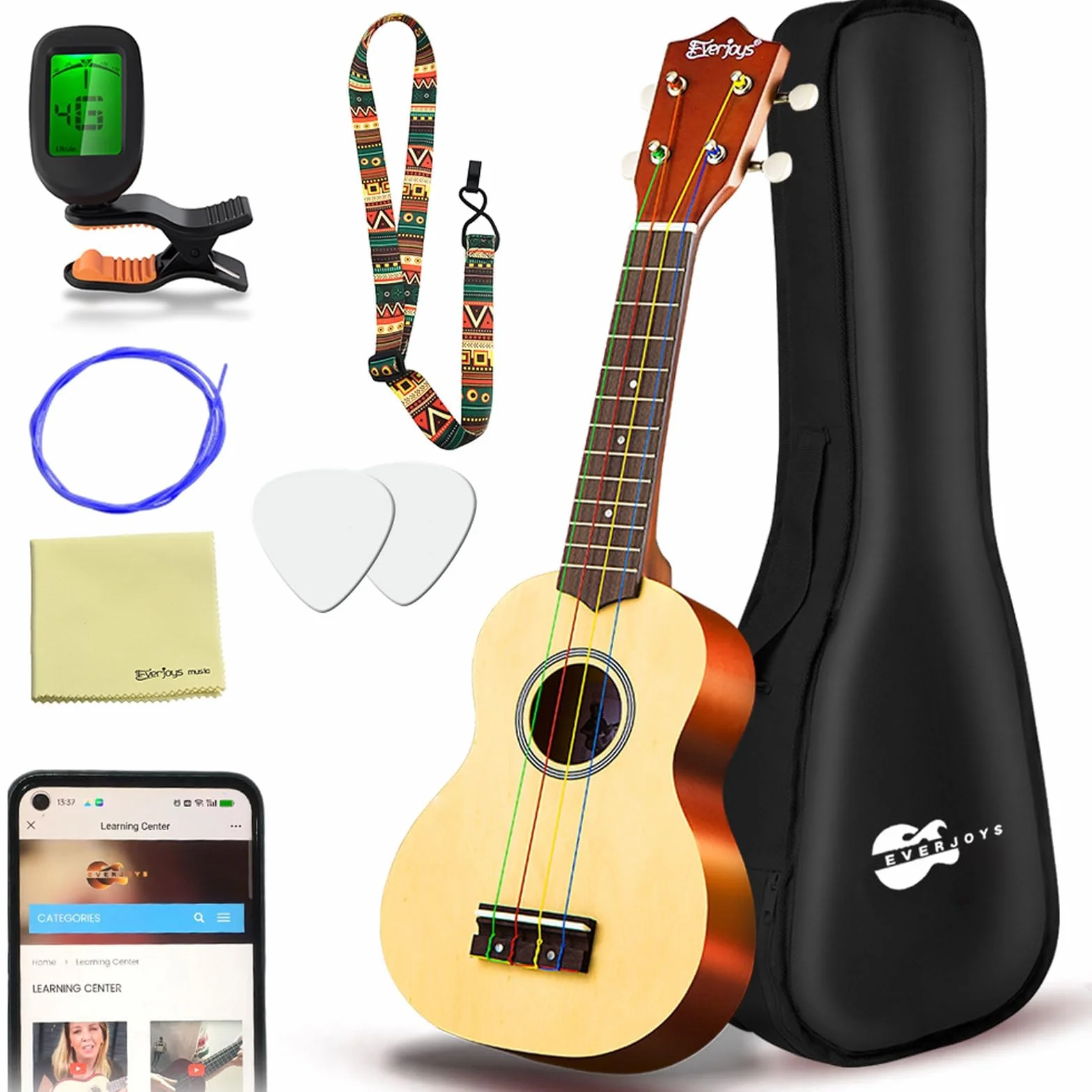 Everjoys Ukulele sopranowe, zestaw startowy dla dzieci i dorosłych, 21 cali, z torbą, tunerem, piosenkami, strunami, pickiem, mała gitara hawajska, natura