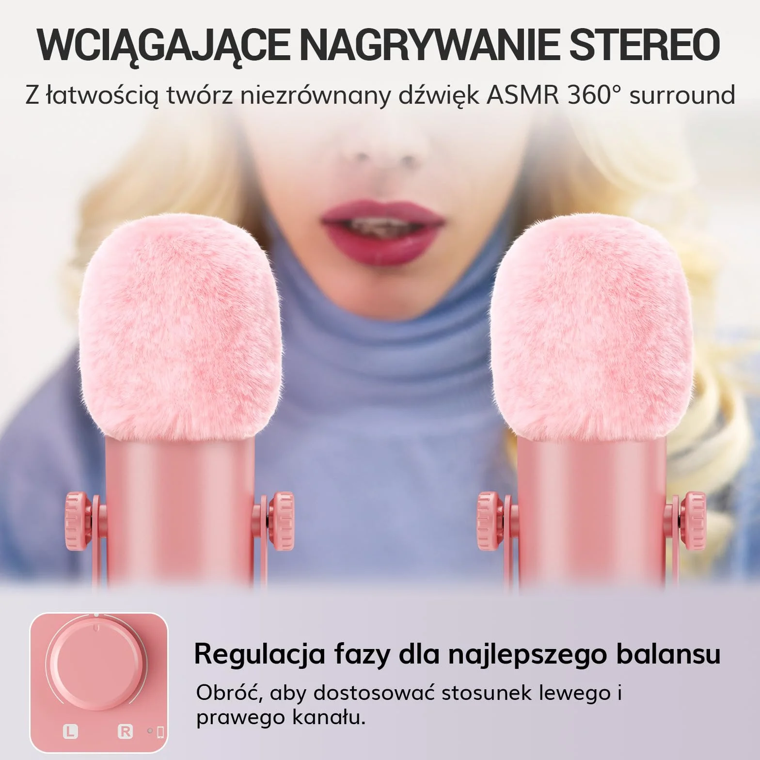TONOR ASMR z Interfejsem Audio, Mikrofon USB z Podwójnym Kondensatorem, 192kHz, Dźwięk 3D, Czysty Dźwięk, Regulacja Głośności, Mikser, do Nagrywania i Tworzenia Treści – Różowy