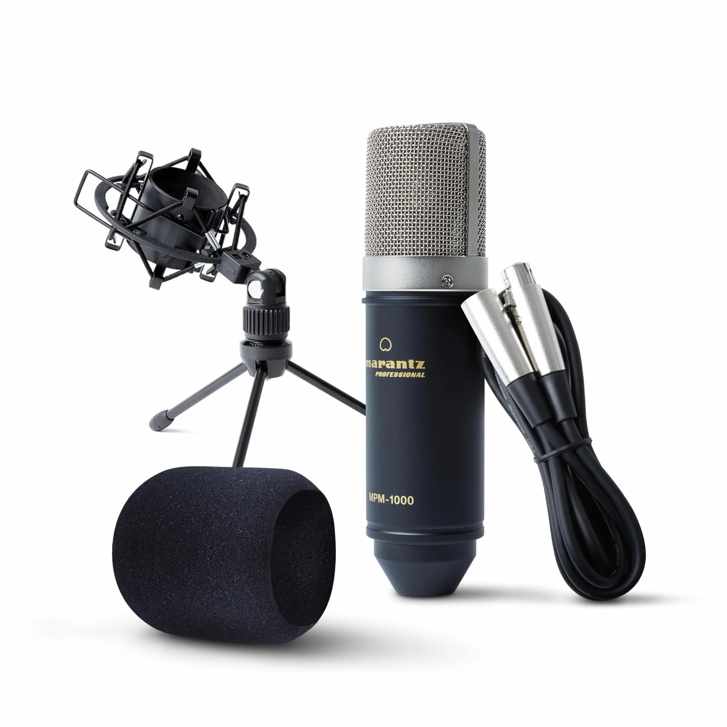 Marantz Professional MPM-1000 – Studyjny mikrofon pojemnościowy z podstawką biurkową i kablem – do podcastów i streamingu