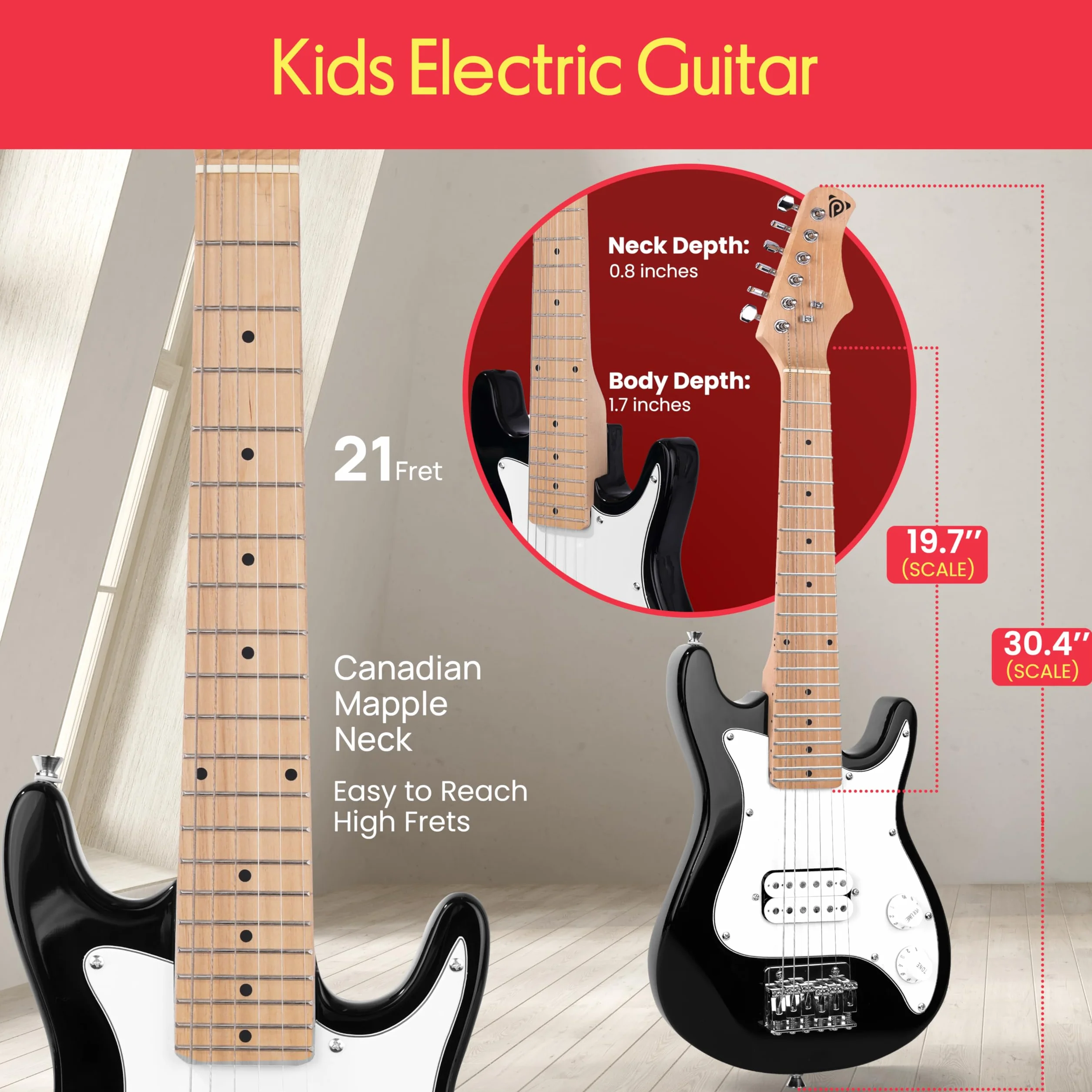 Pyle Gitara elektryczna dla dzieci, gitara elektryczna z wzmacniaczem, zestaw gitar, mały rozmiar - 76 cm, świetny prezent świąteczny dla dzieci, 2 miesiące darmowych lekcji, wzmacniacz 10 W, torba na