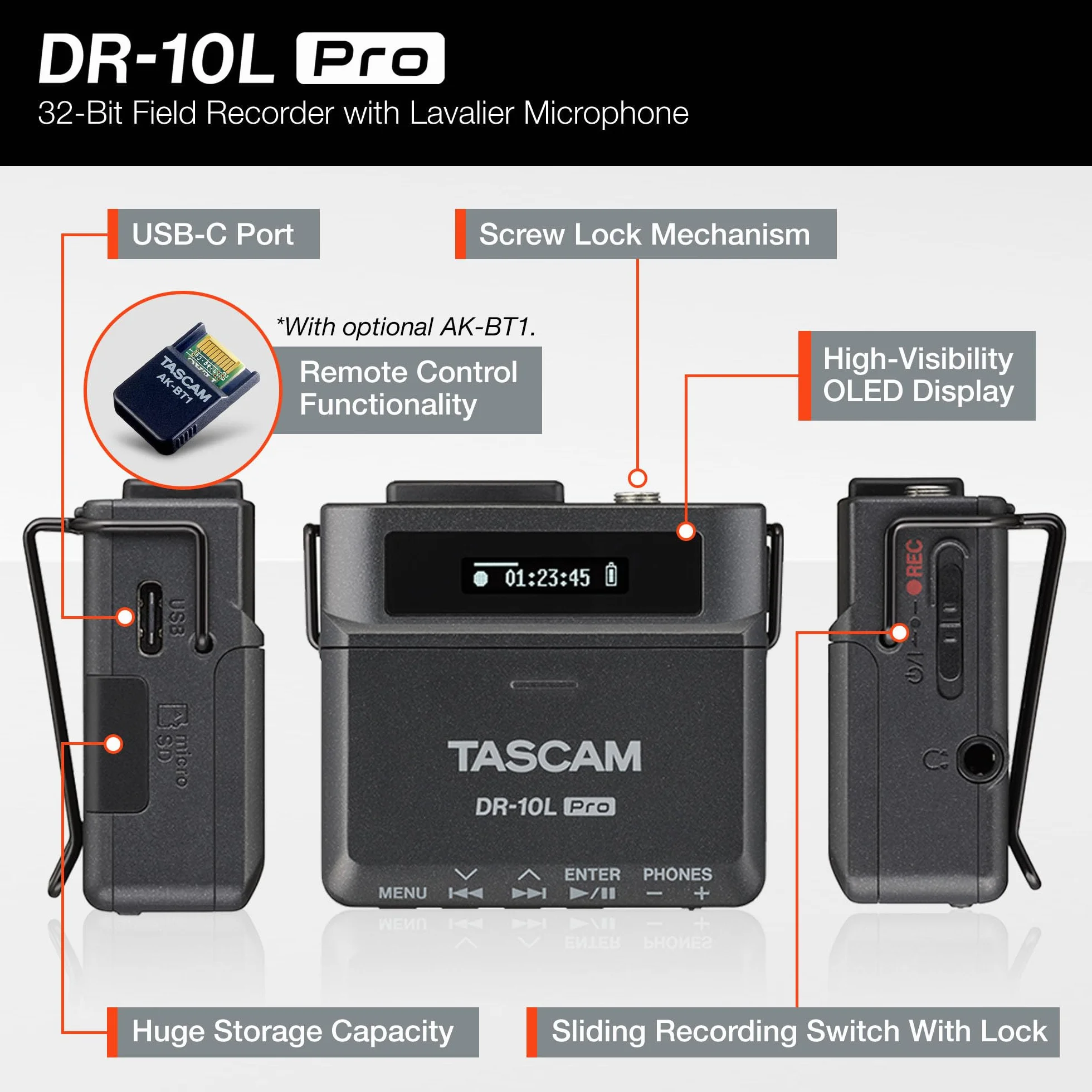 TASCAM DR-10L Pro – 32-bitowy rejestrator audio z mikrofonem lavalier, opcja Bluetooth do zdalnego sterowania i synchronizacji, obsługuje LTC Jam Sync
