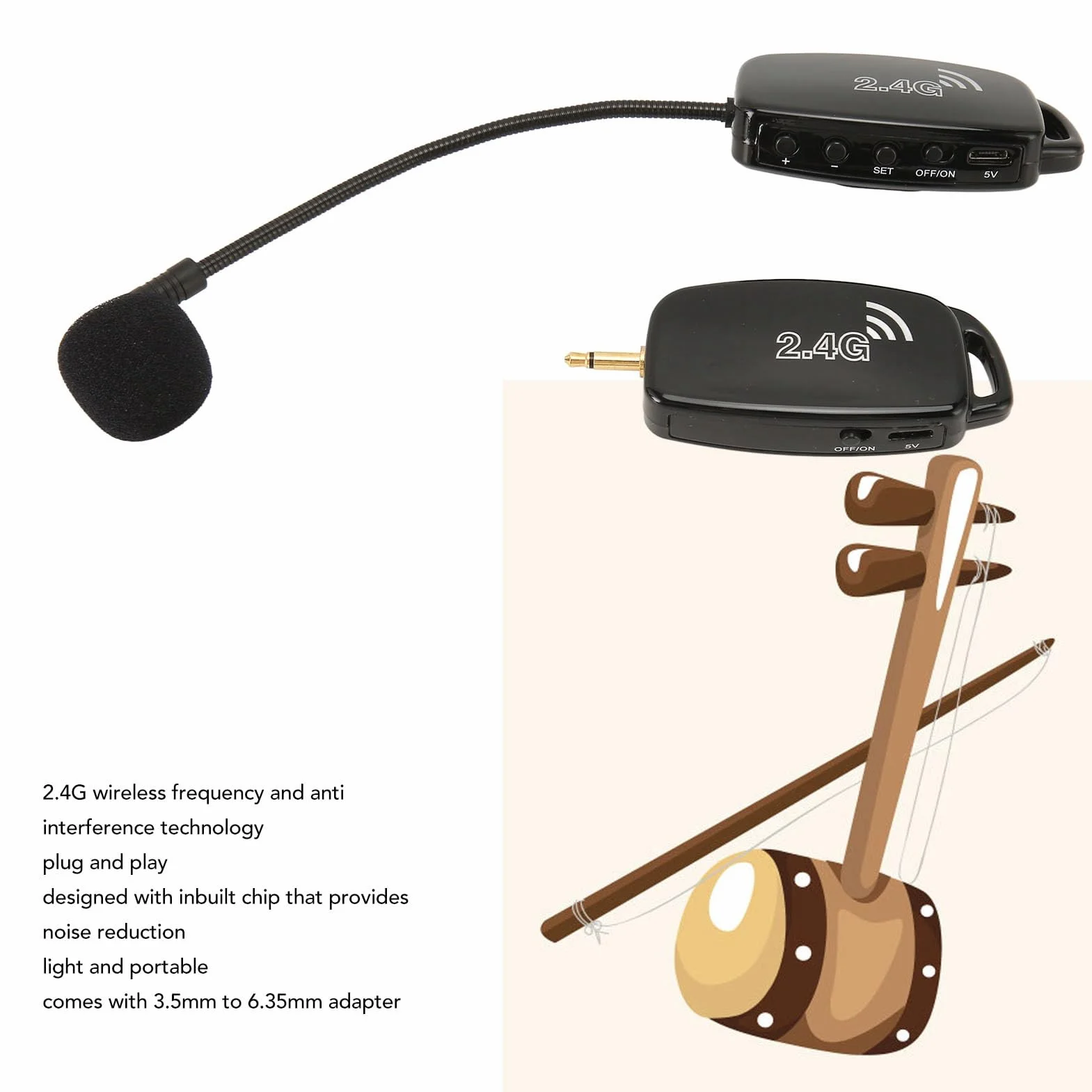 Mikrofon do Instrumentów Bezprzewodowych, Bezprzewodowy Mikrofon Erhu 2,4G, Redukcja Szumów, Mikrofon do Skrzypiec, Przeciwzakłóceniowy, Przetwornik do Instrumentów, Gitara