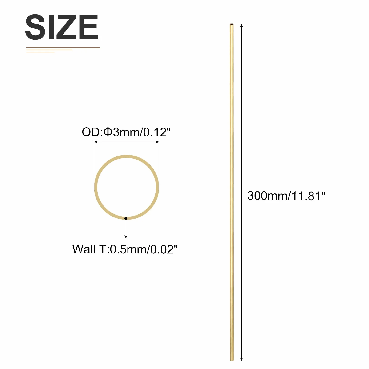 DTGN 3 mm x 0,5 mm x 300 mm (śr. x ściana gł. x dł.), mosiężna rura, 1 opakowanie, dobra do maszyn, sprzętu, majsterkowania, dekoracyjnej ramy, okrągłe, metalowe węże
