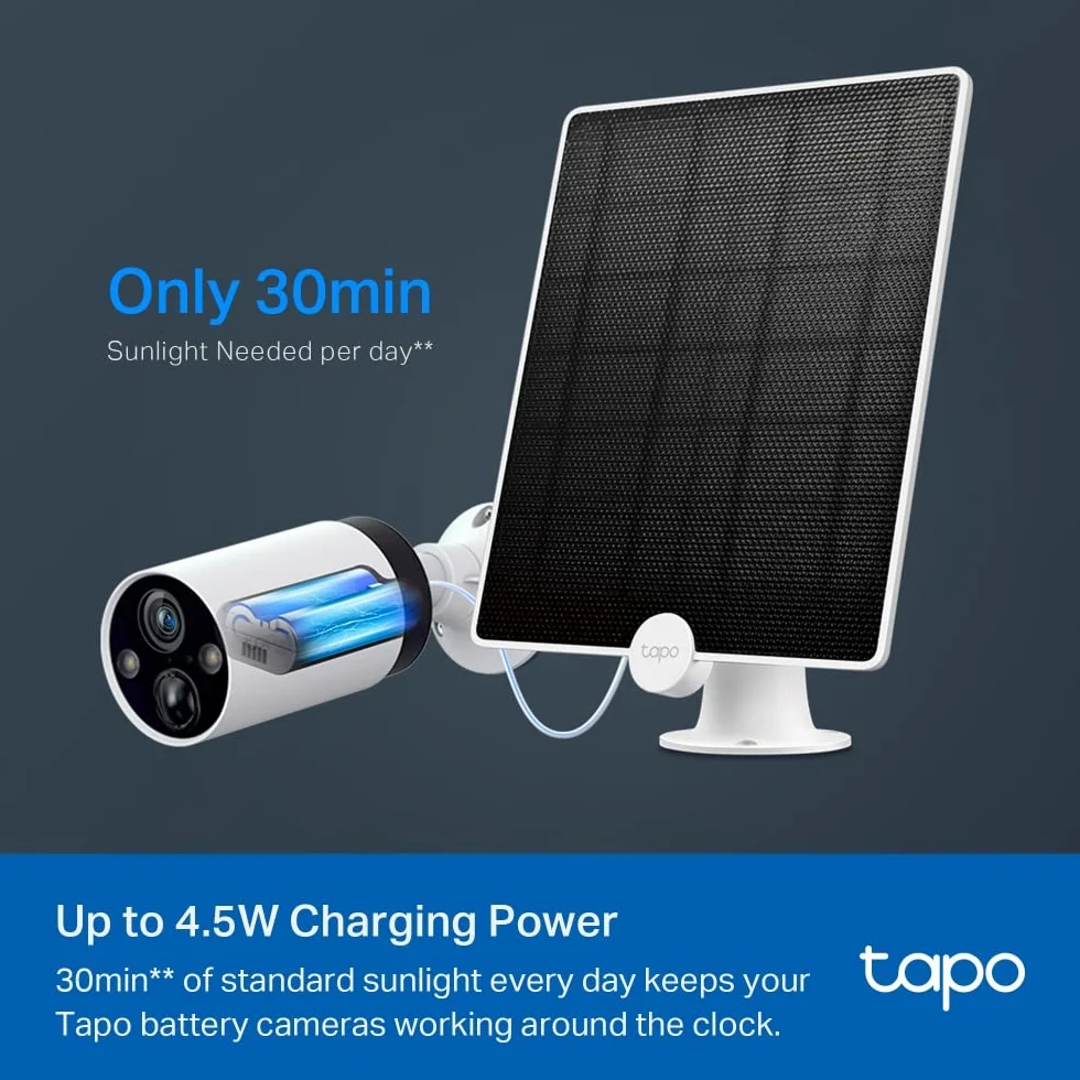 TP-Link Tapo A200 | Panel solarny do kamer Tapo | Kompatybilny z C420, C425, D230S1 i innymi modelami bateryjnymi | Ładowanie bezprzewodowe | Kabel 4 m w zestawie | Montaż zewnętrzny IP65