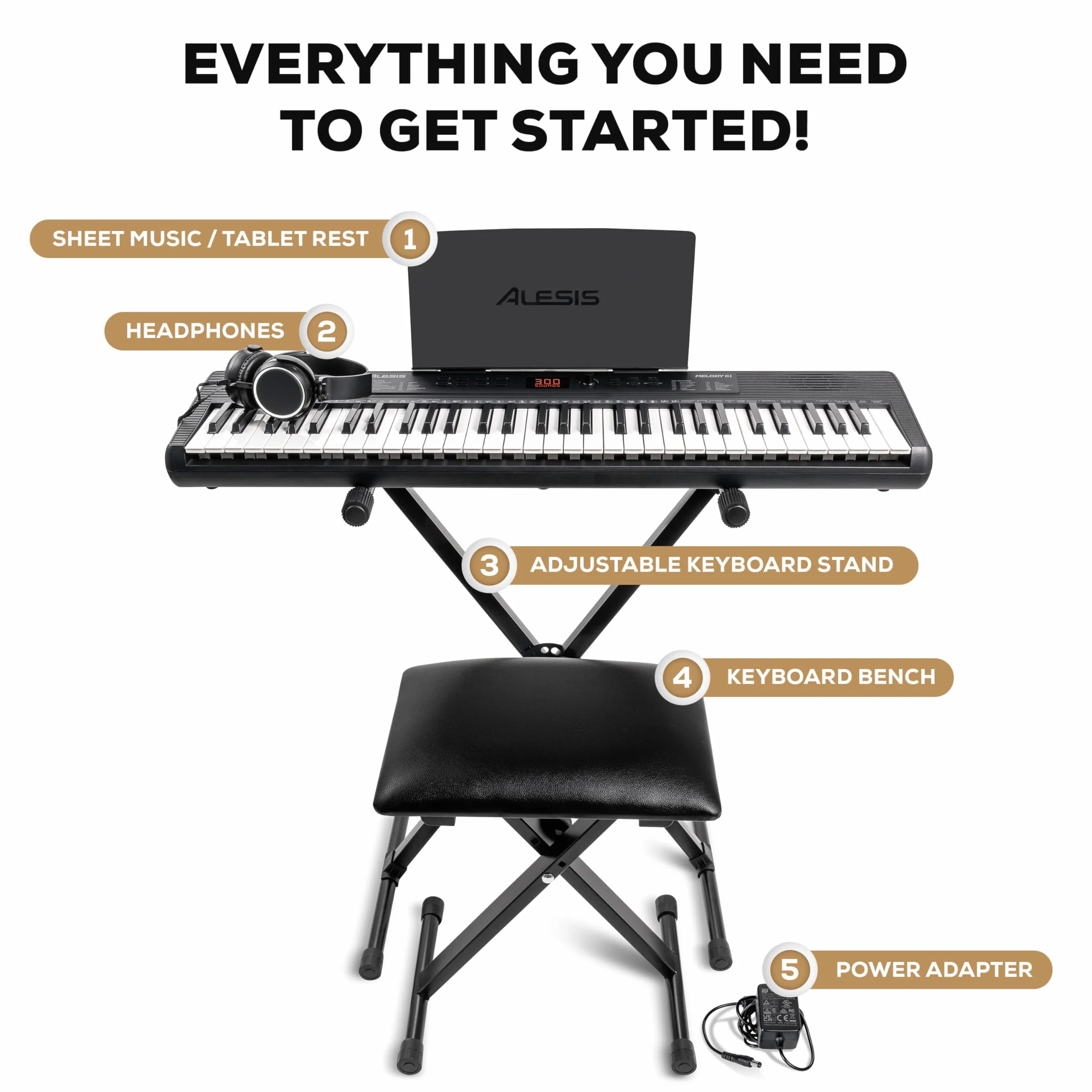 Alesis Melody 61 Pianino dla Początkujących z 61 Klawiszy, Głośniki, Stojak, Ława, Słuchawki, Podpórka pod nuty/tablet, 300 Brzmień i Lekcje gry