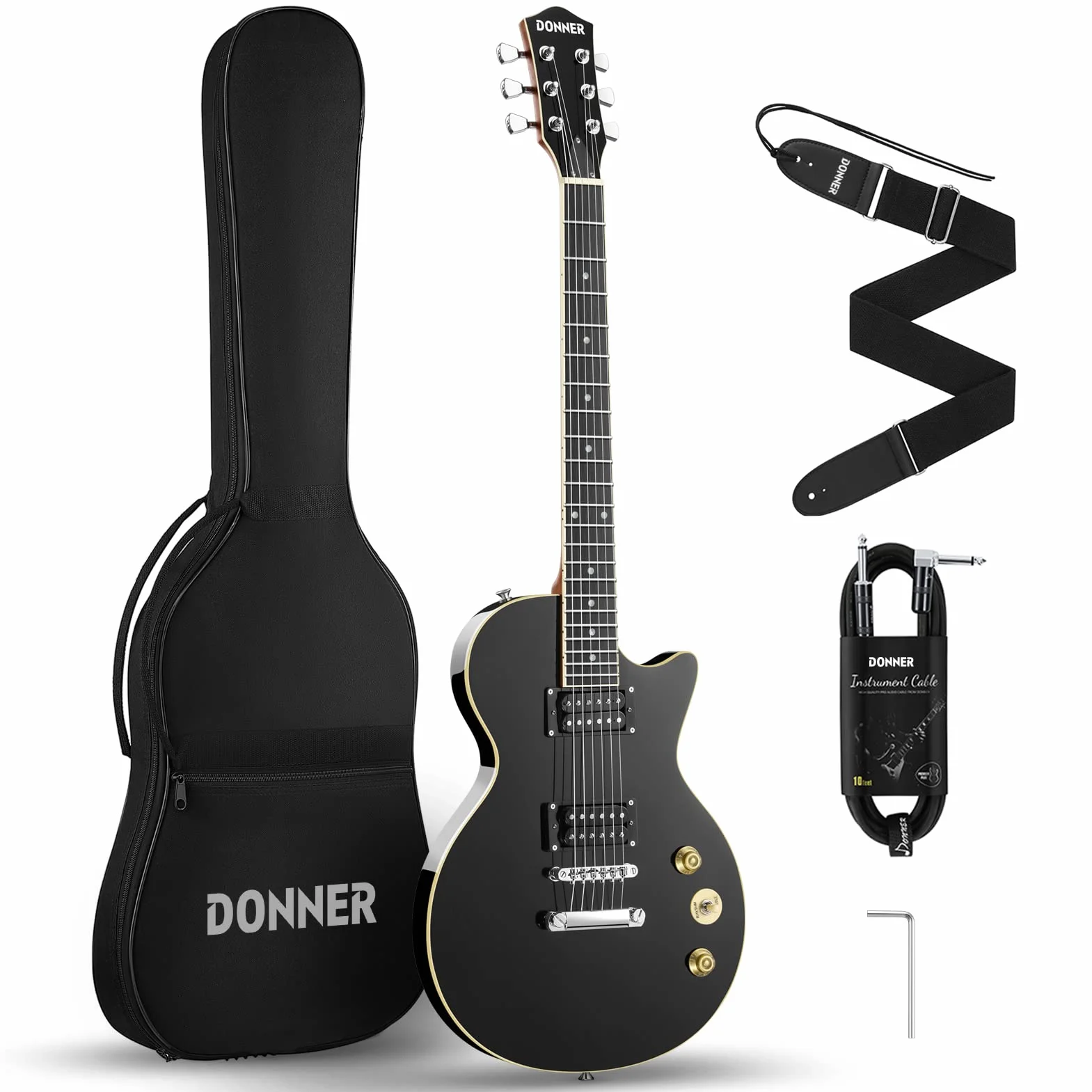 Donner Gitara elektryczna zestaw gitar elektrycznych w stylu LP 39 cali pełny rozmiar z torbą, paskiem, kablem (czarny)