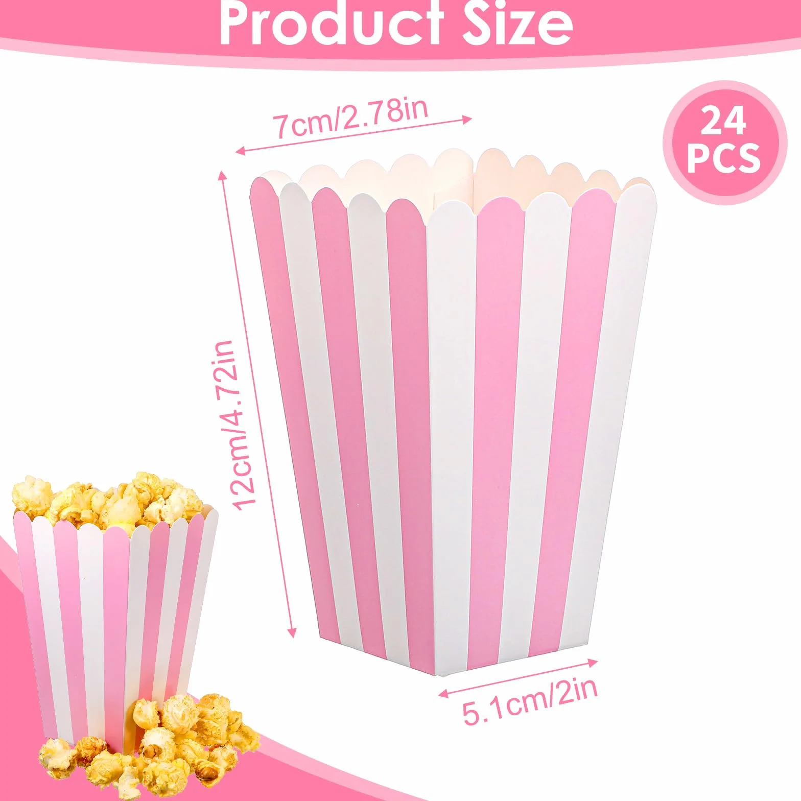 Różowe pudełka na popcorn, mini torby na popcorn w paski, papierowa, dmuchana miska na ryż, wiadro, maszyna do cukierków, pojemnik na miskę, pojemnik na przekąski, na przyjęcie urodzinowe, upominek
