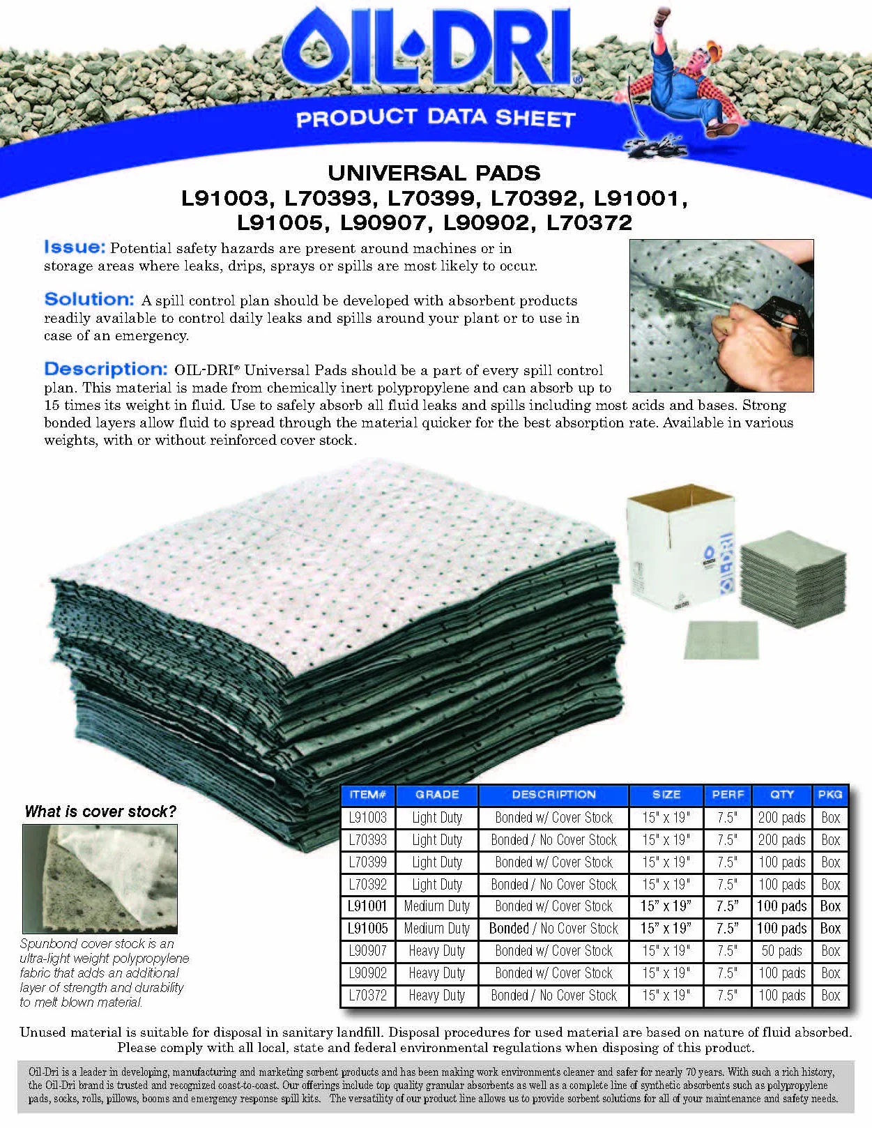 Oil-Dri L90902 15" W x 19" L Universal Heavy Weight Bonded Perforated Pads (100 Mats/Box)